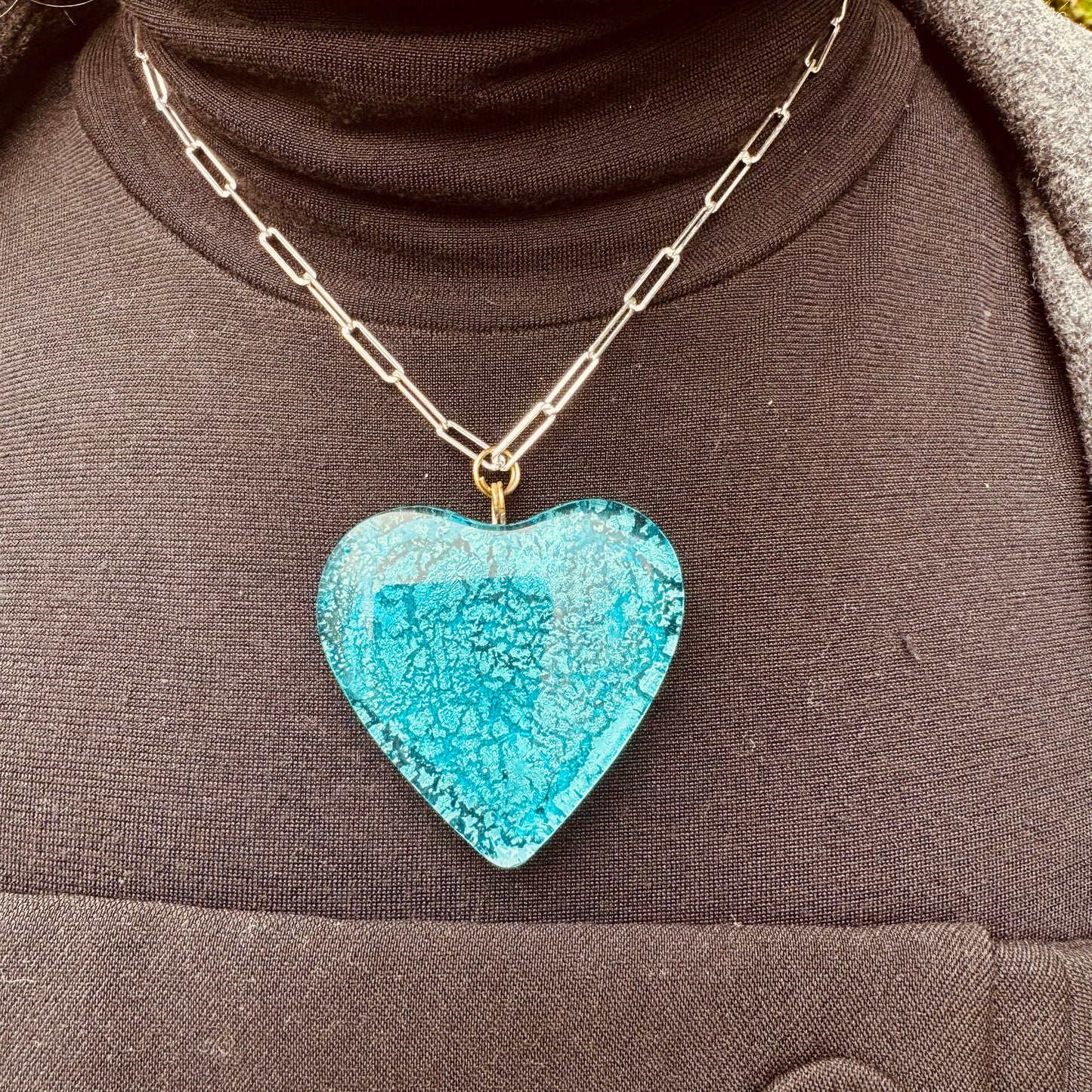 MAD Ocean The Necklace: Chunky Crystal Glass Heart & 24k White Gold Leaf