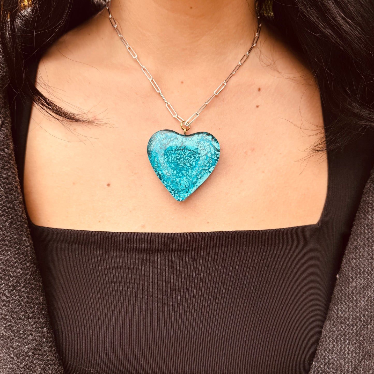 MAD Ocean The Necklace: Chunky Crystal Glass Heart & 24k White Gold Leaf