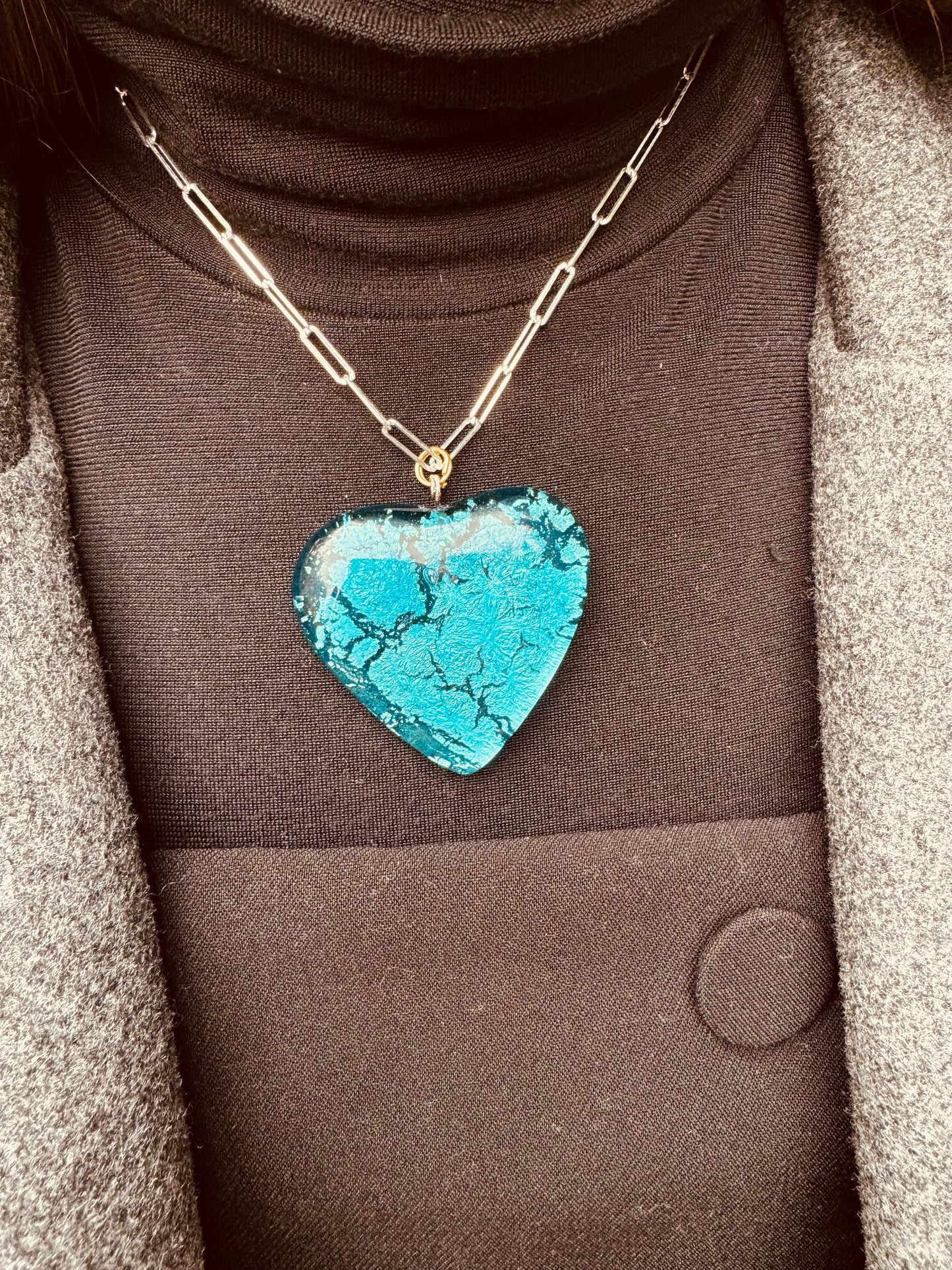 MAD Sea The Necklace: Chunky Crystal Glass Heart & 24k White Gold Leaf