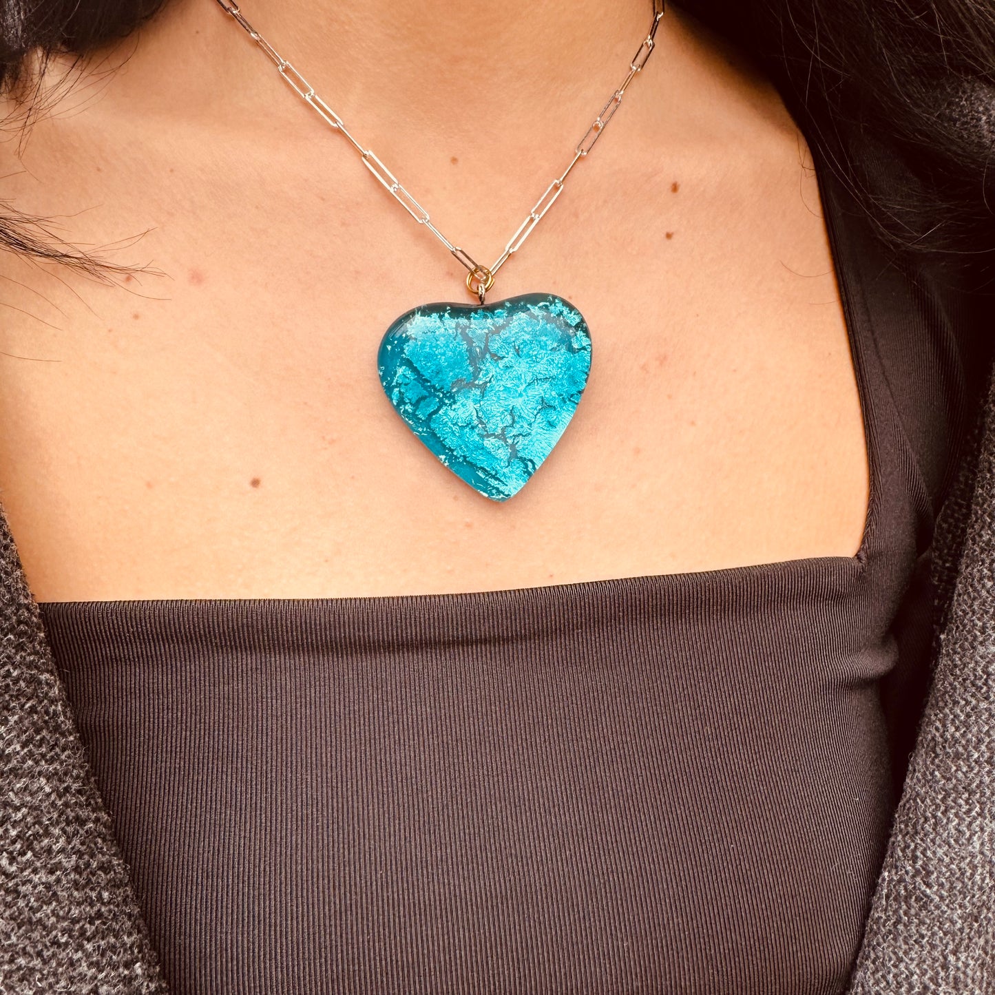 MAD Sea The Necklace: Chunky Crystal Glass Heart & 24k White Gold Leaf