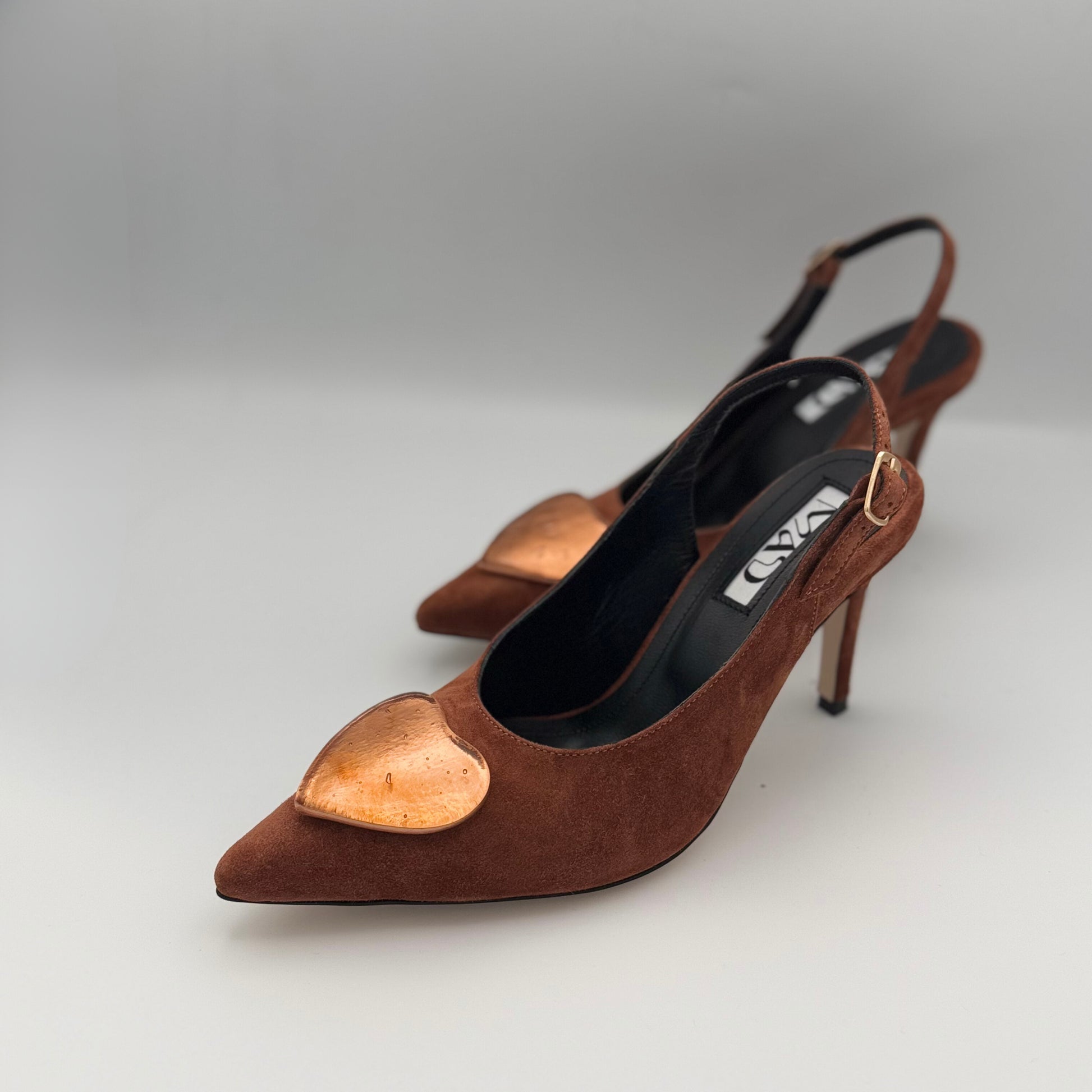 Brown Slingback Stilettos Gold Hearts