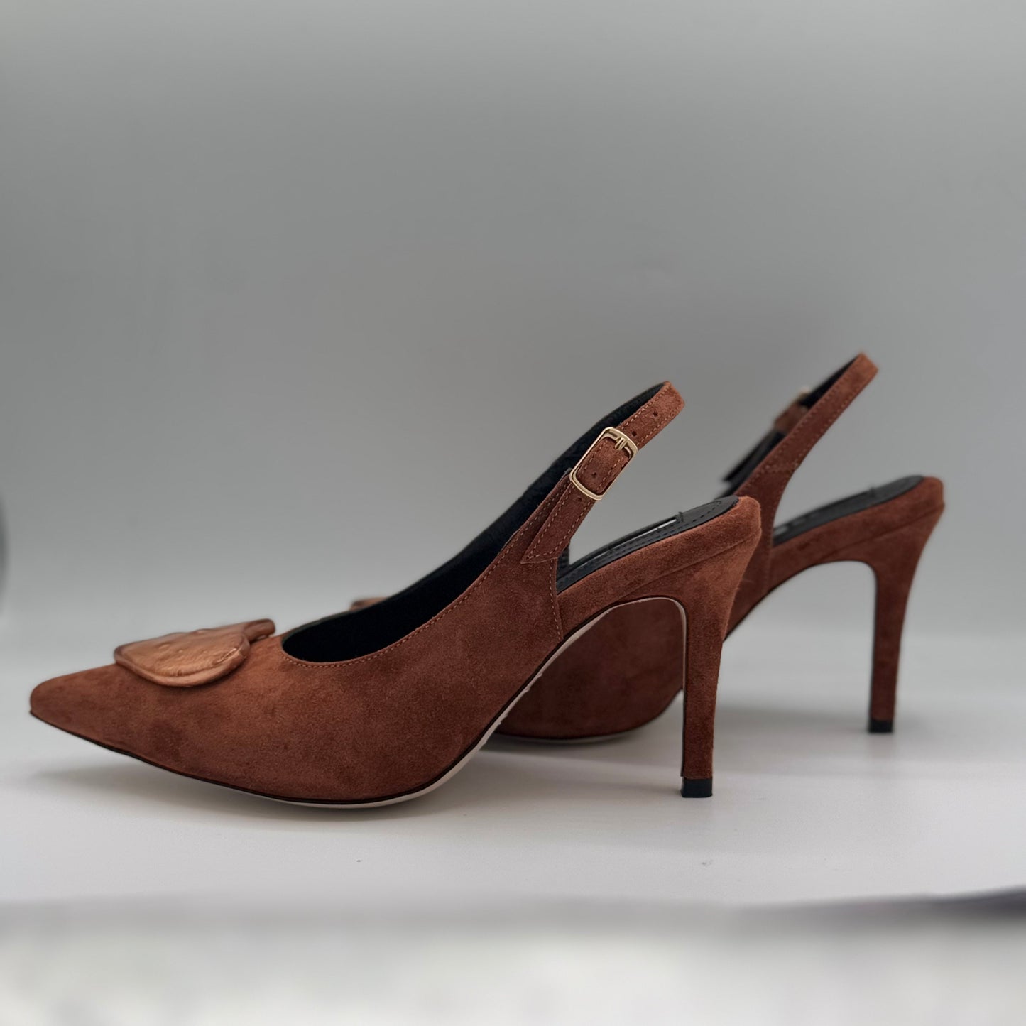 Brown Suede Slingbacks with 24Karat Gold Hearts