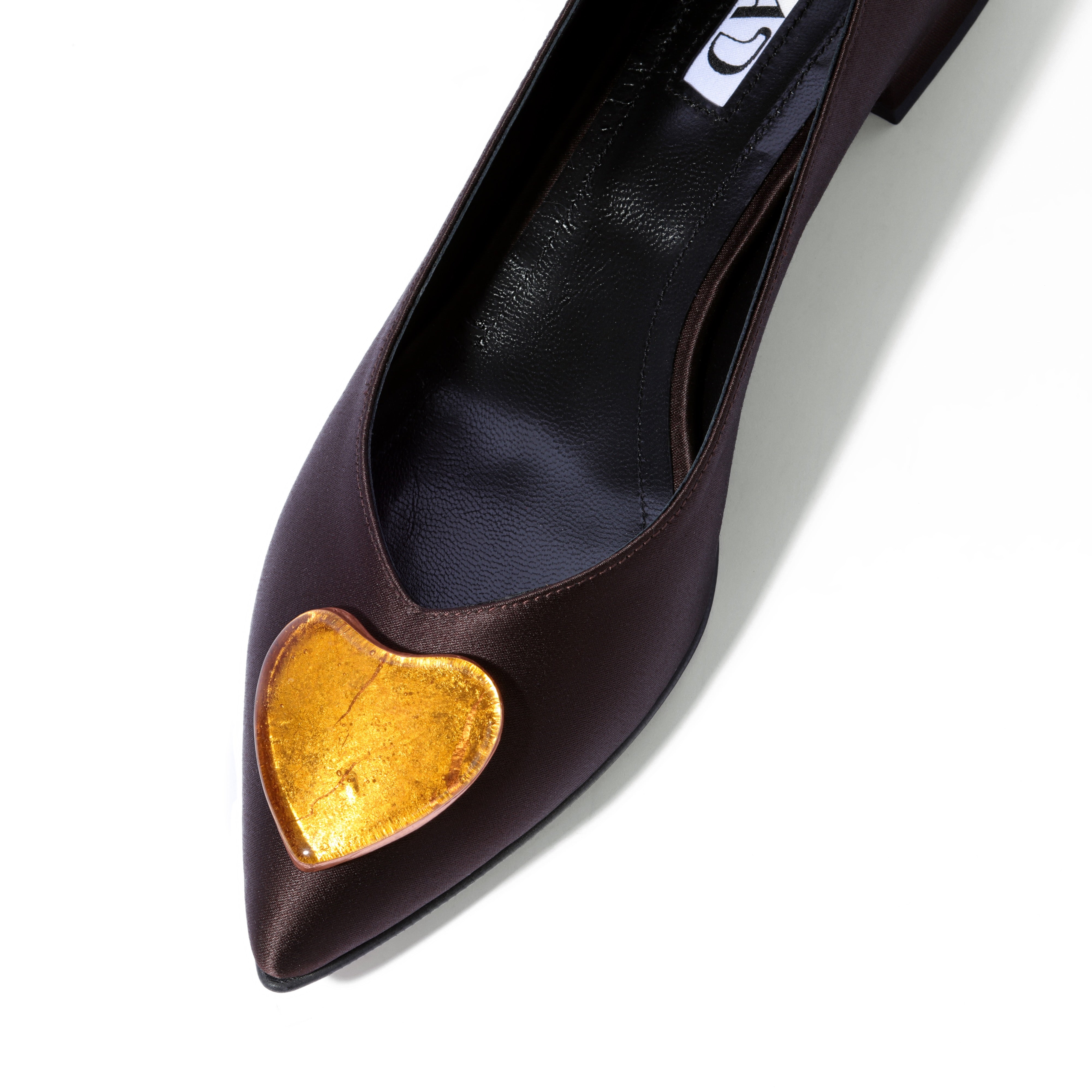 Brown satin ballerina flats with gold hearts