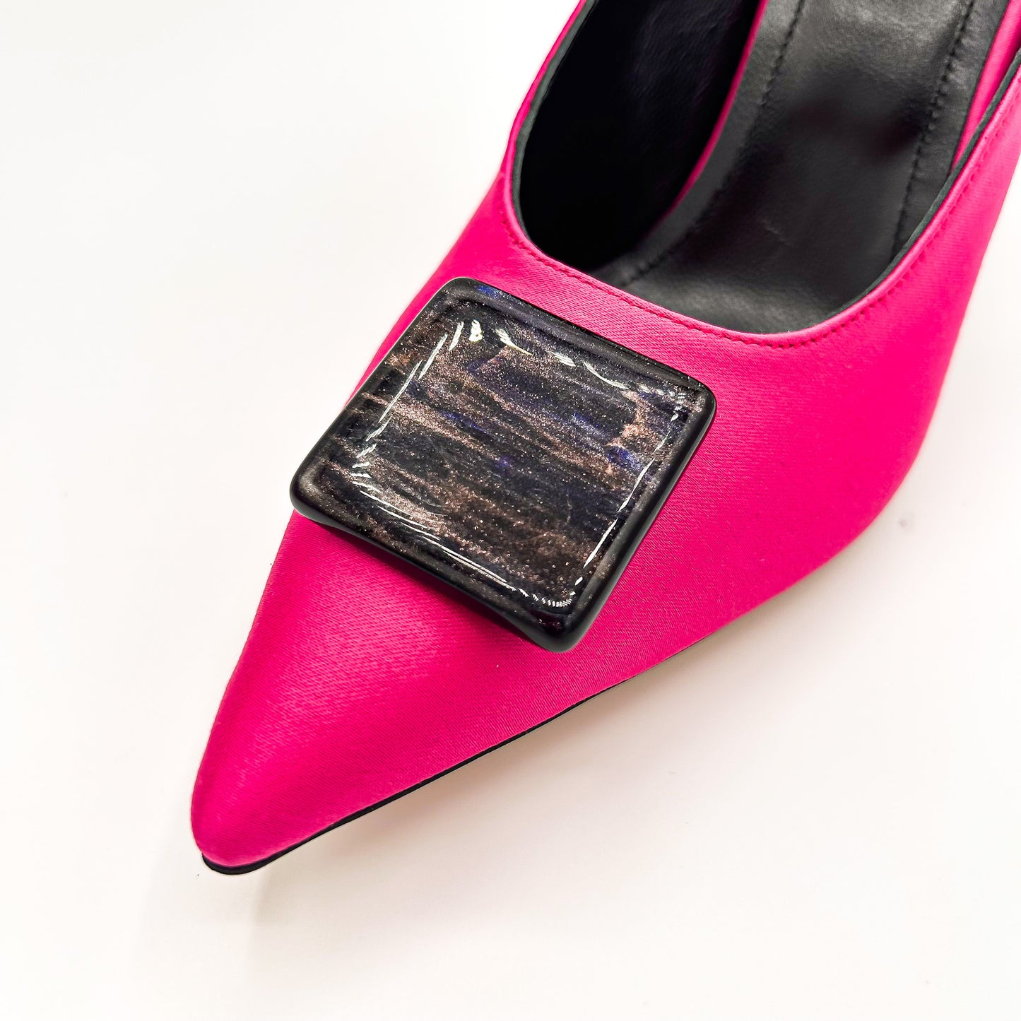 Fuchsia satin slingbacks with glass accessories