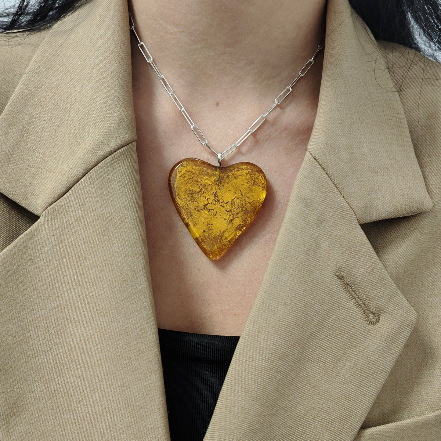 MAD Amber The Necklace: Crystal Glass Heart & 24k Yellow Gold Leaf