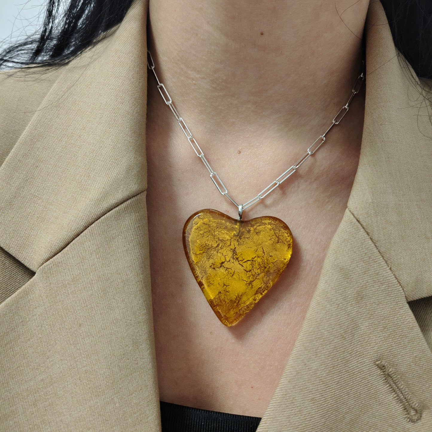 MAD Amber The Necklace: Crystal Glass Heart & 24k Yellow Gold Leaf