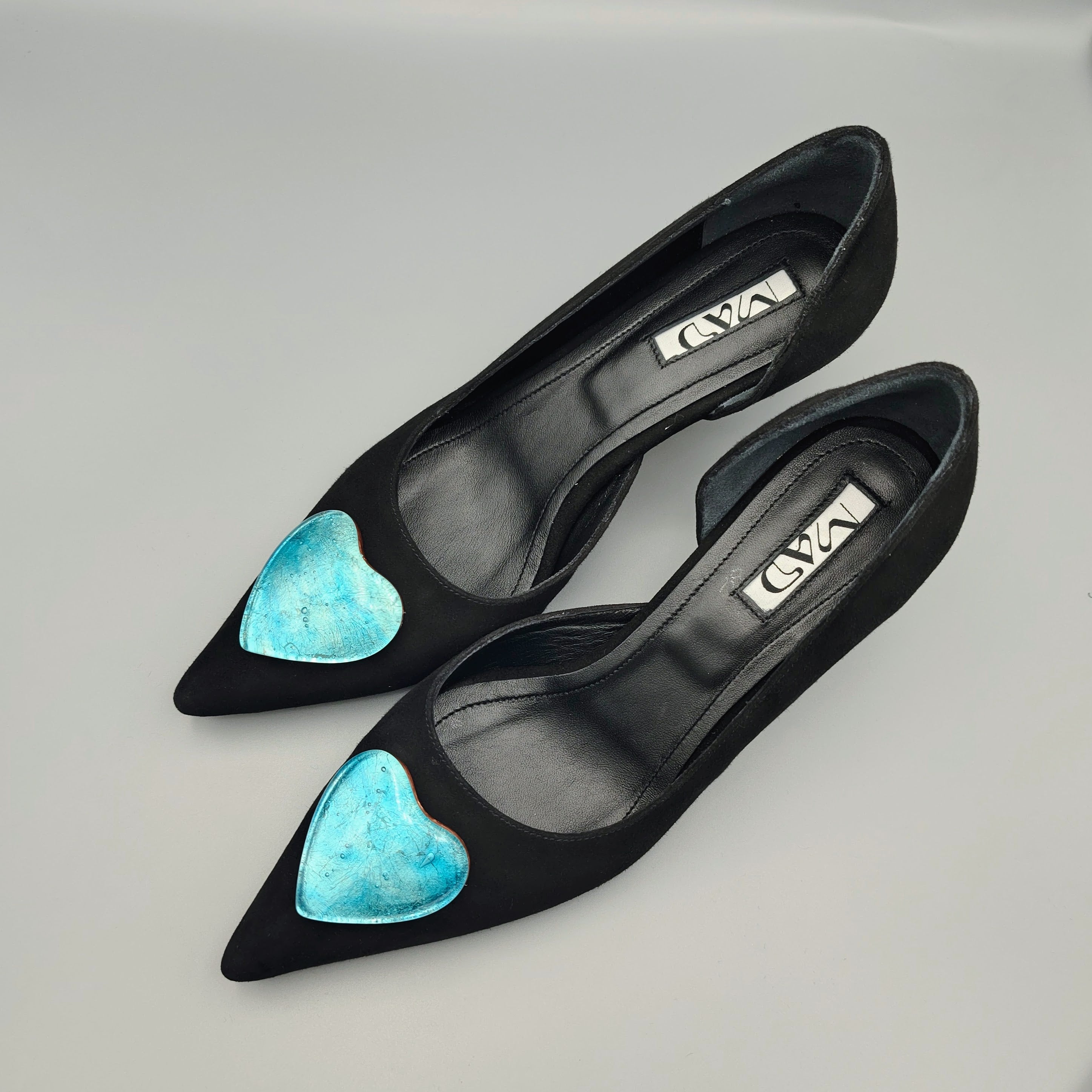 suede leather stiletto heels with blue glass heart handmade by Cezar Petryan