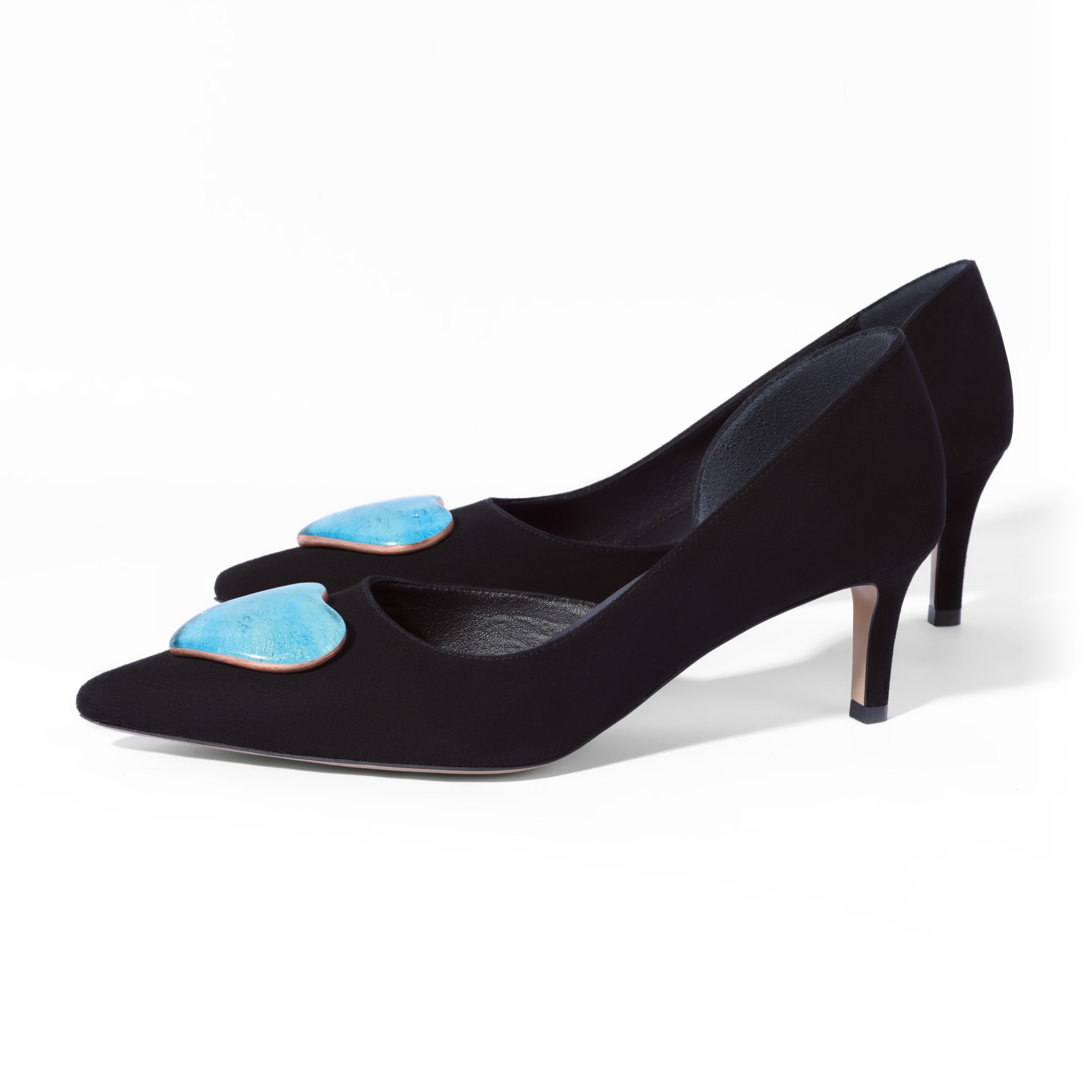 Suede leather stilettos in black suede with blue gold accessory 5 cm heel
