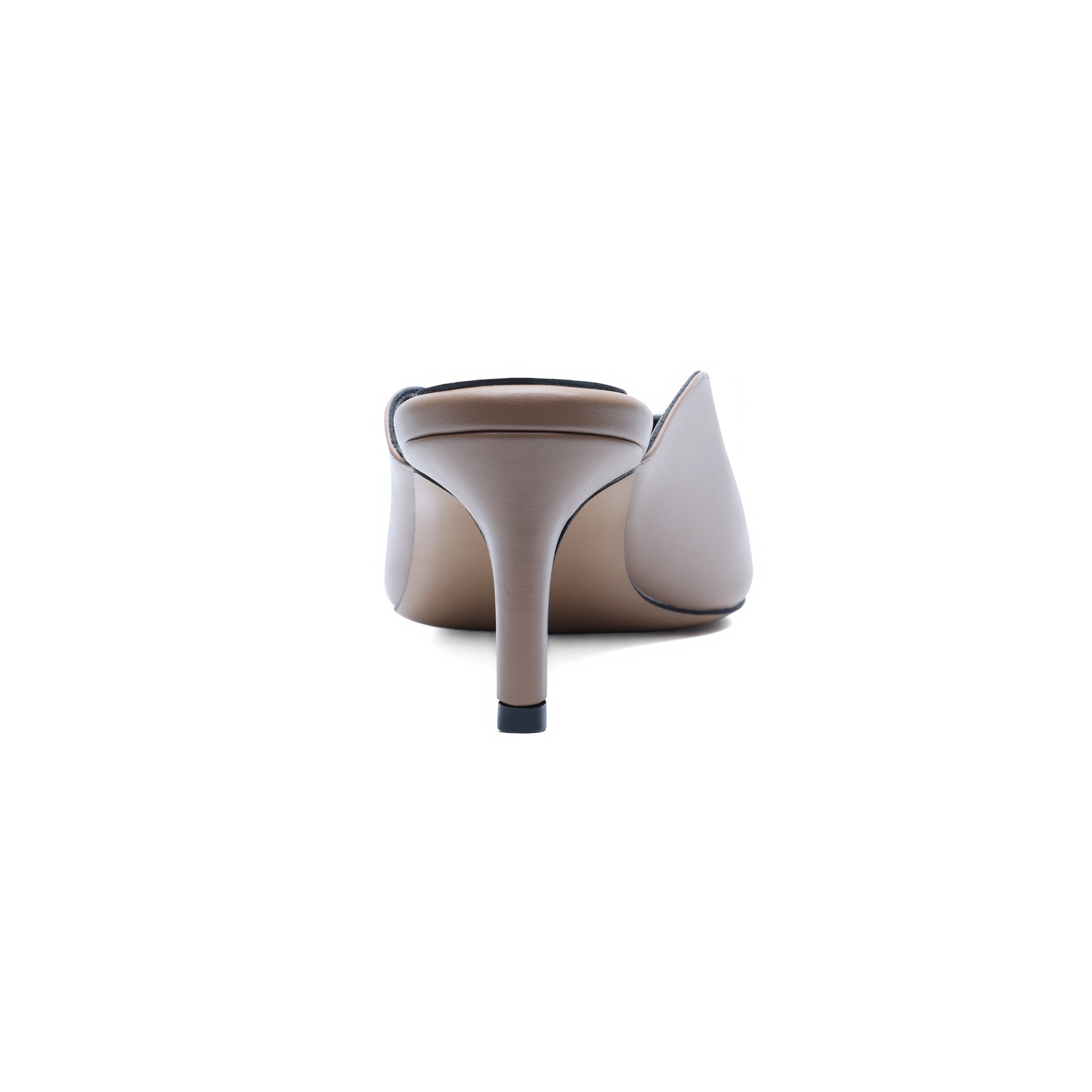 Close-up of 5 cm leather heel and 24K gold heart accessory on YOKO custom mules