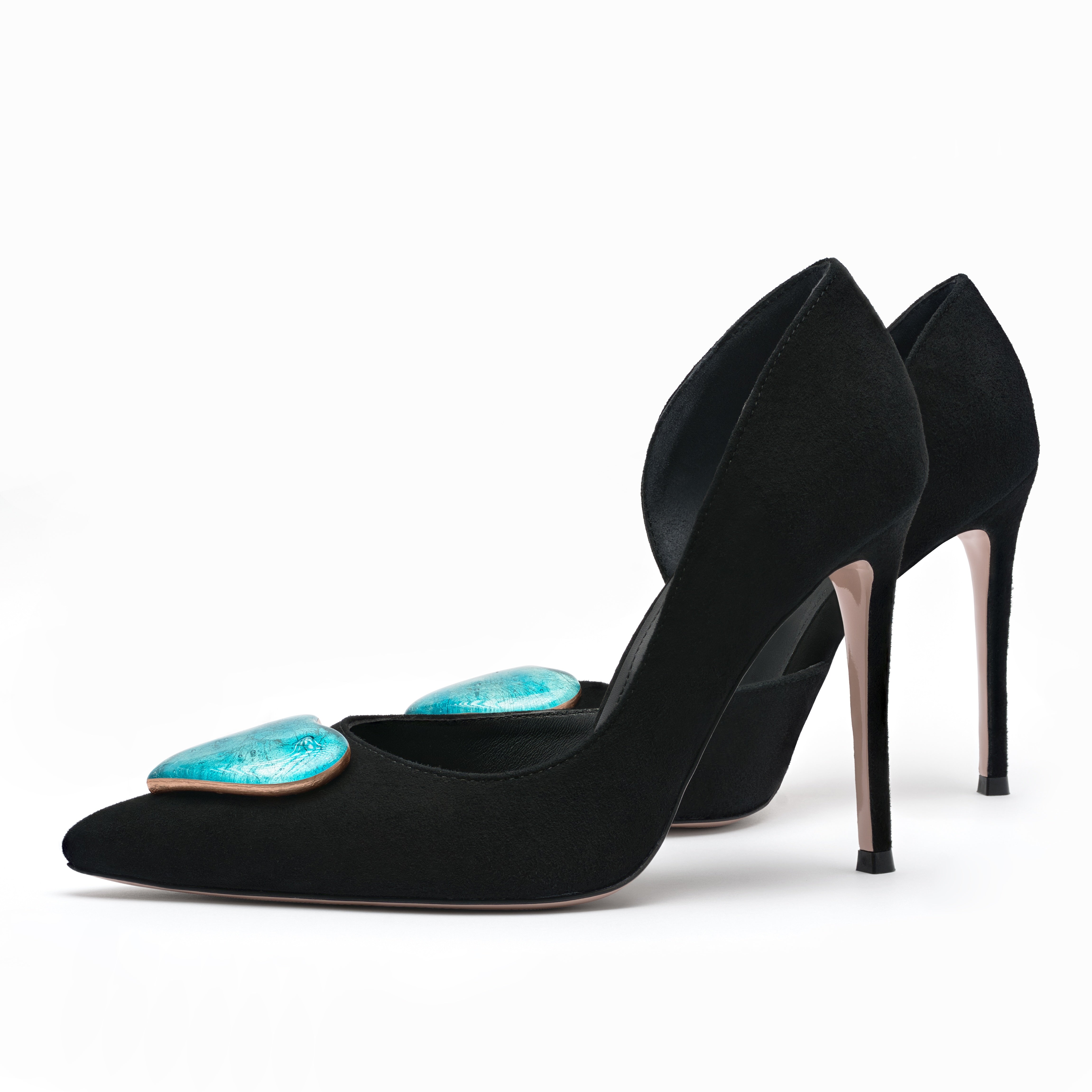 black leather stilettos 10 cm with turquoise glass hearts