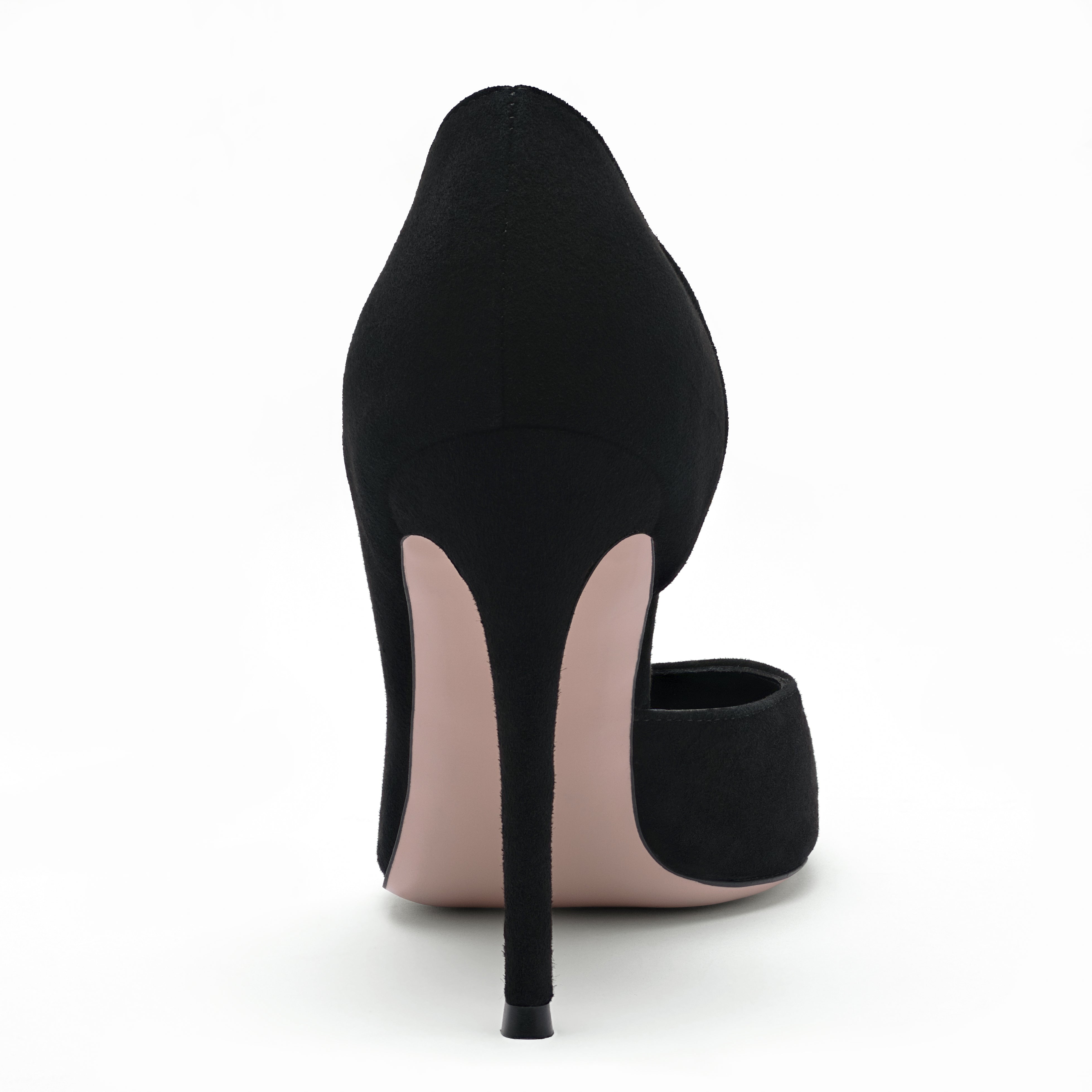 black leather stilettos 10 cm with turquoise glass hearts back