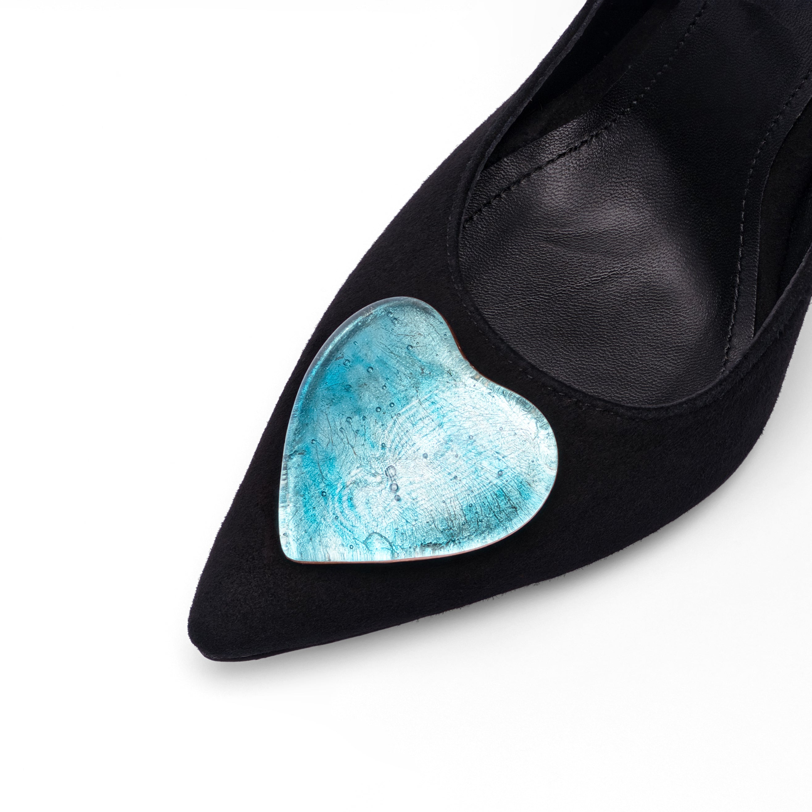 black leather stilettos 10 cm with turquoise glass hearts detail