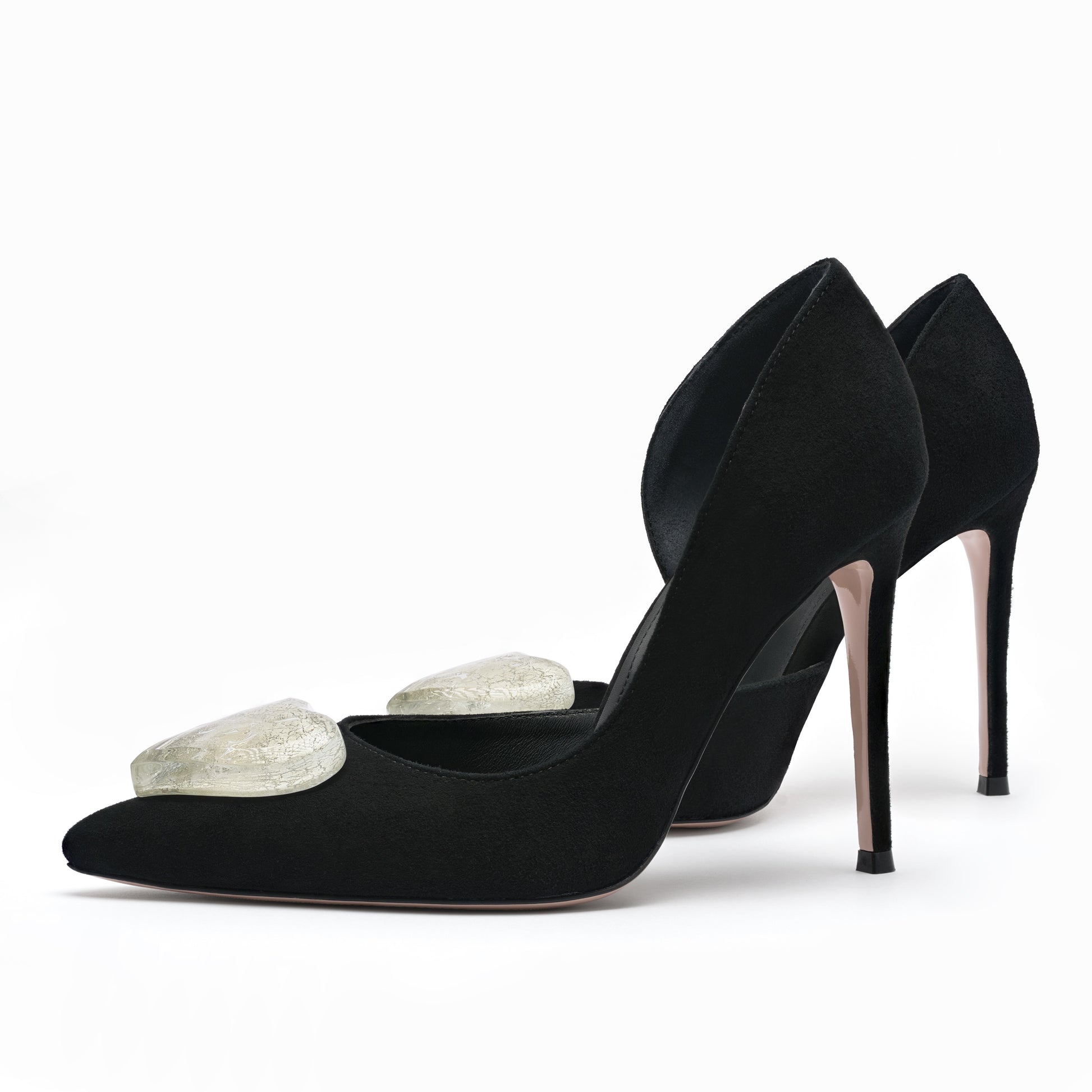 black leather stilettos 10 cm with white gold glass hearts