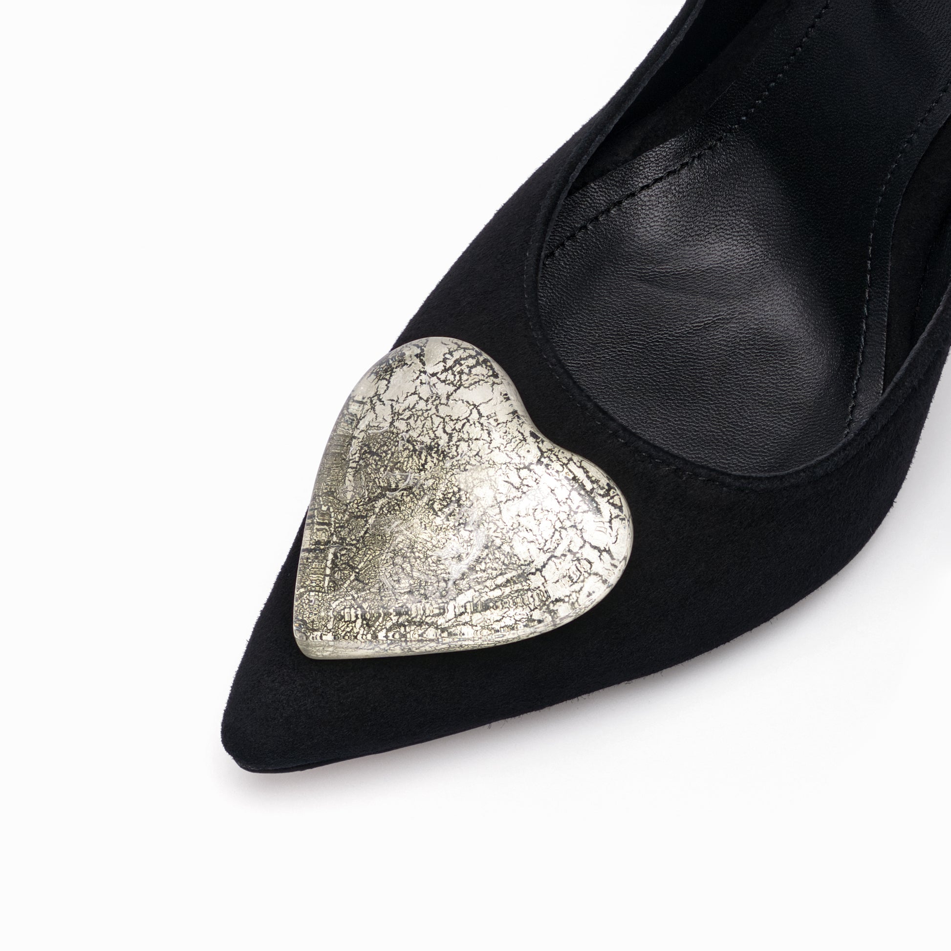 black leather stilettos 10 cm with white gold glass hearts detail