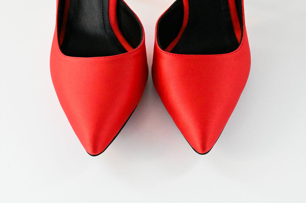 coral red satin stilettos 10 cm close up