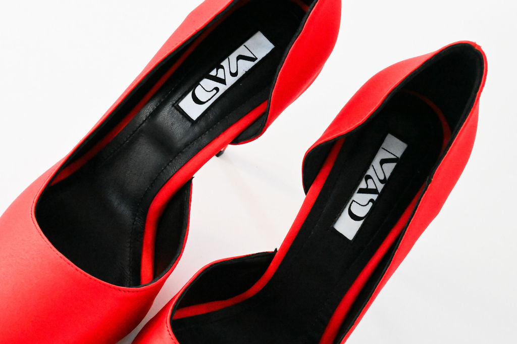 coral red satin stilettos 10 cm close up 2
