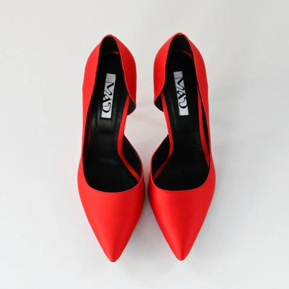 coral red satin stilettos 10 cm close up 5