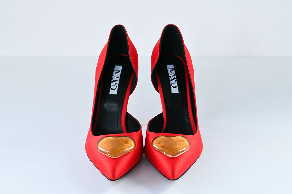 coral red satin stilettos 10 cm with gold glass hearts front