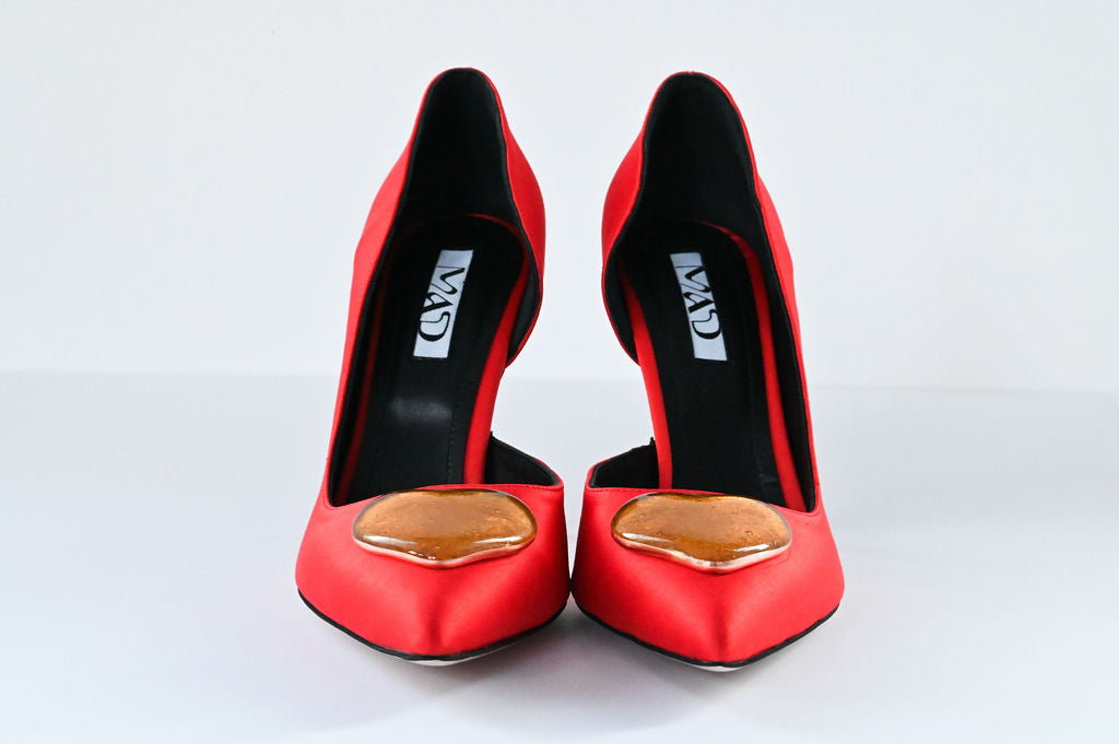 coral red satin stilettos 10 cm with gold glass hearts front 2