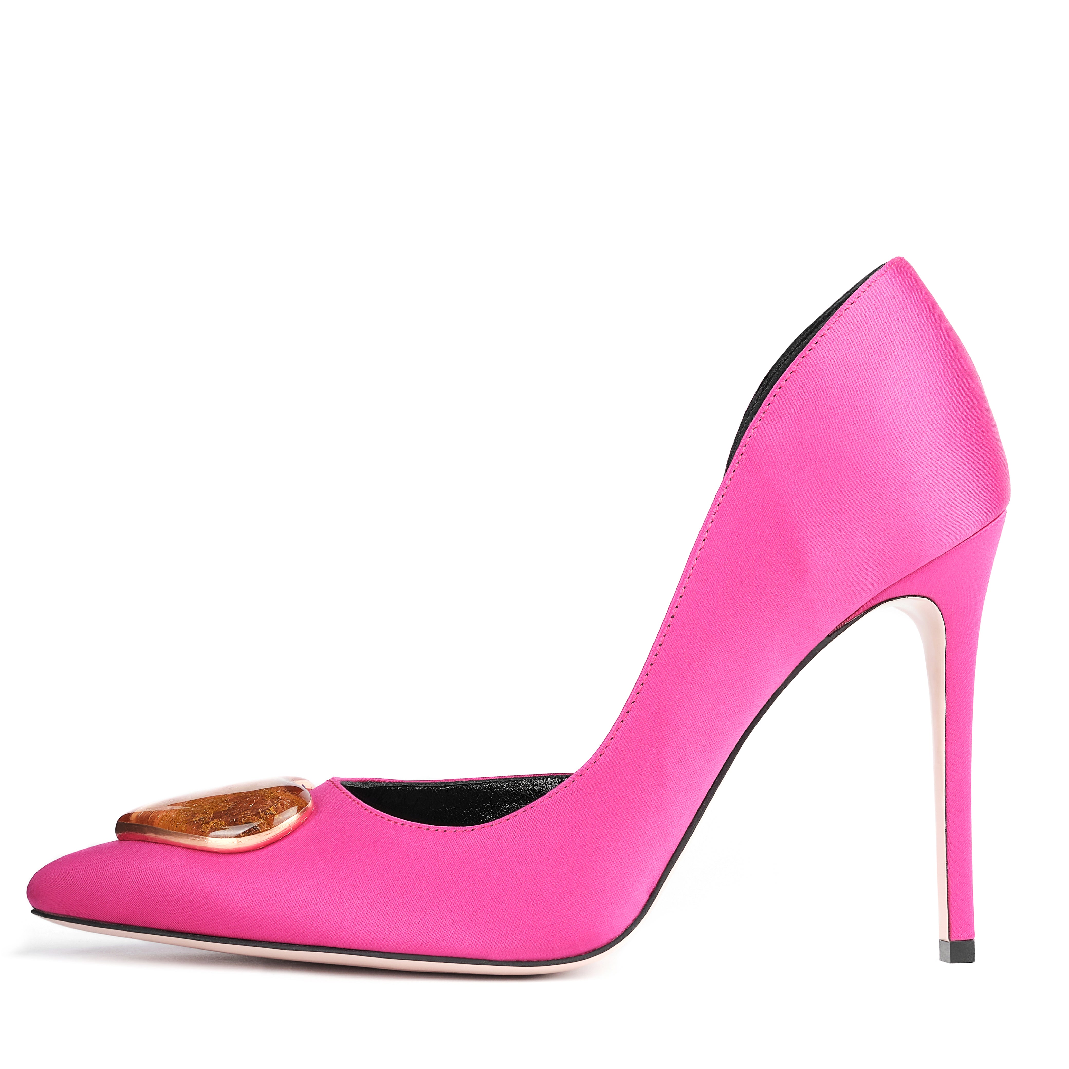 fuchsia satin stilettos 10 cm with gold glass hearts  profile