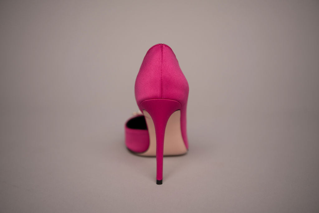 fuchsia satin stilettos 10 cm with porcelain accessory back