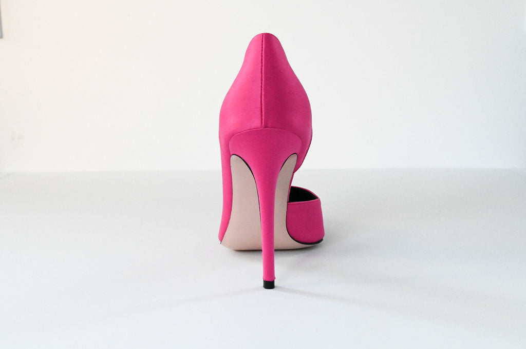 fuchsia satin stilettos 10cm back