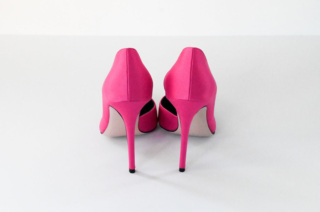 fuchsia satin stilettos 10cm back pair