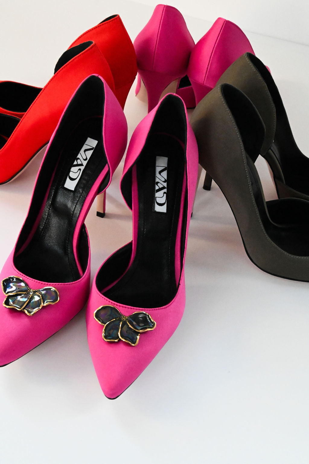 fuchsia satin stilettos 10cm with flower accessory