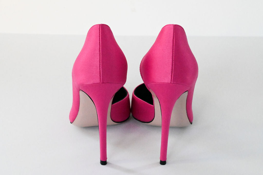 fuchsia satin stilettos 10cm with flower accessory back