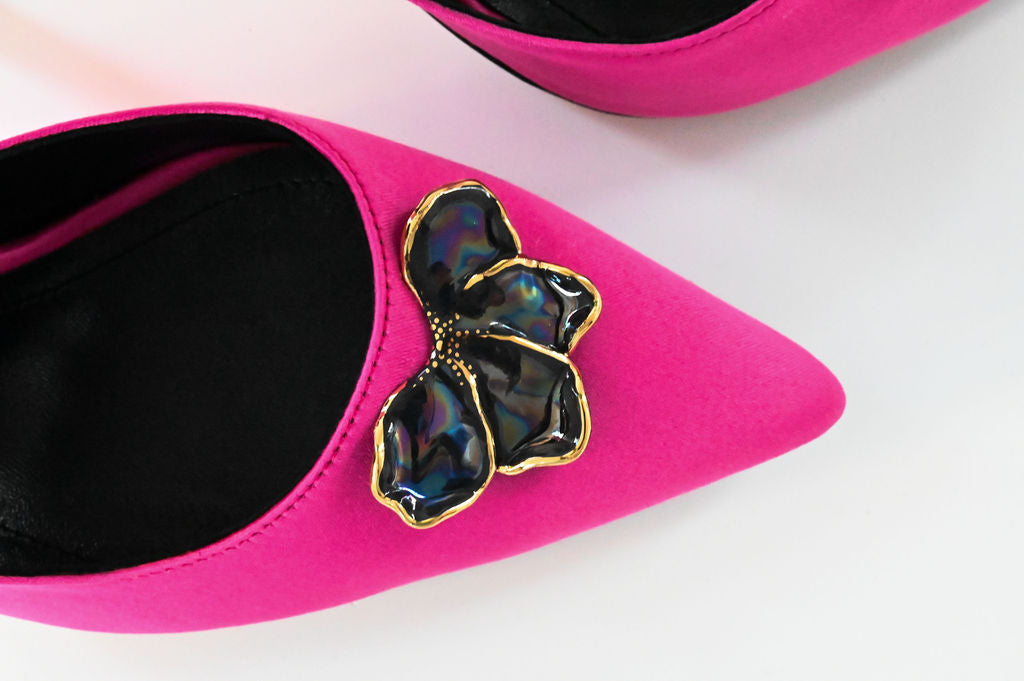 fuchsia satin stilettos 10cm with flower accessory detail