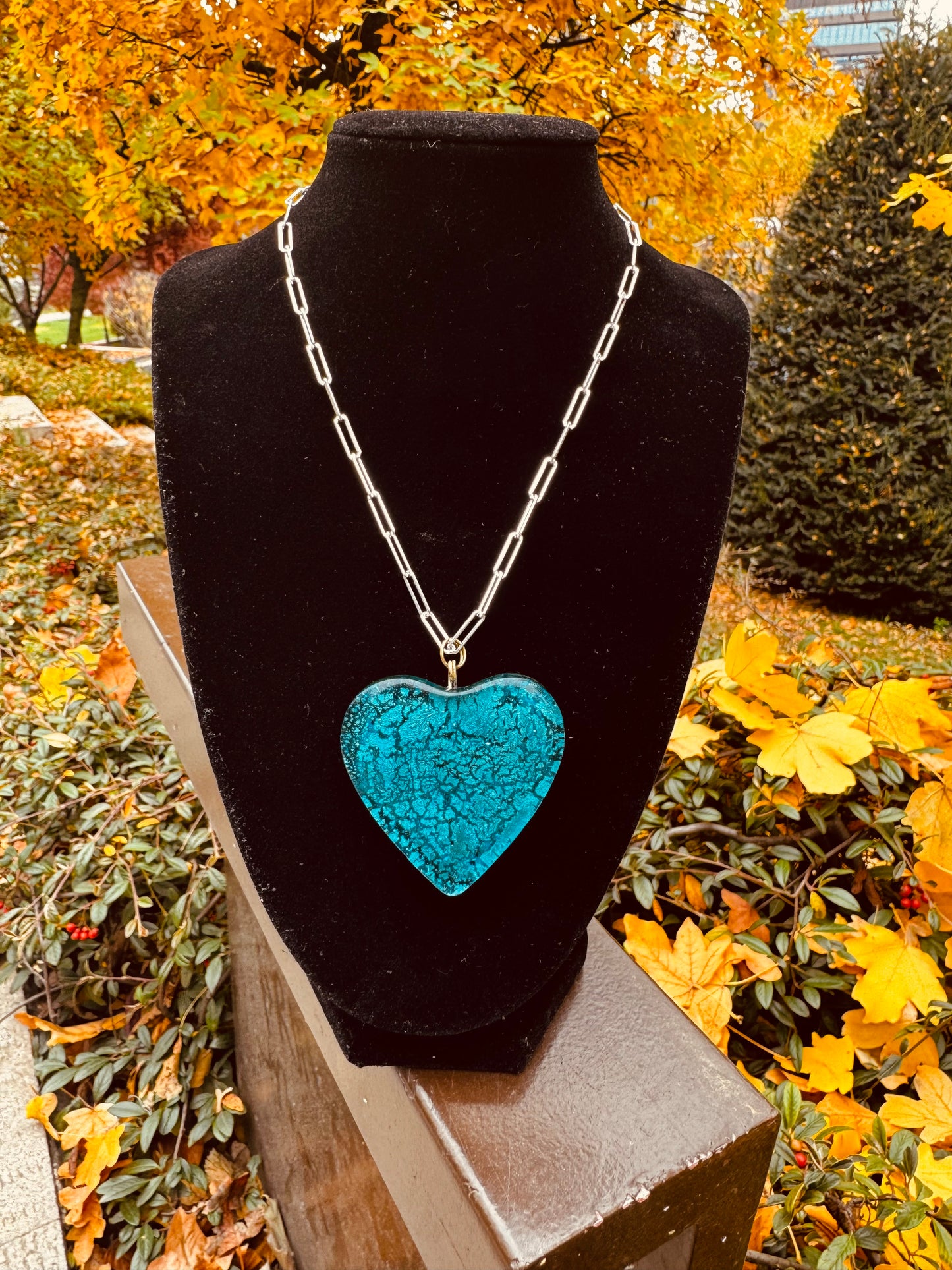 MAD Ocean The Necklace: Chunky Crystal Glass Heart & 24k White Gold Leaf