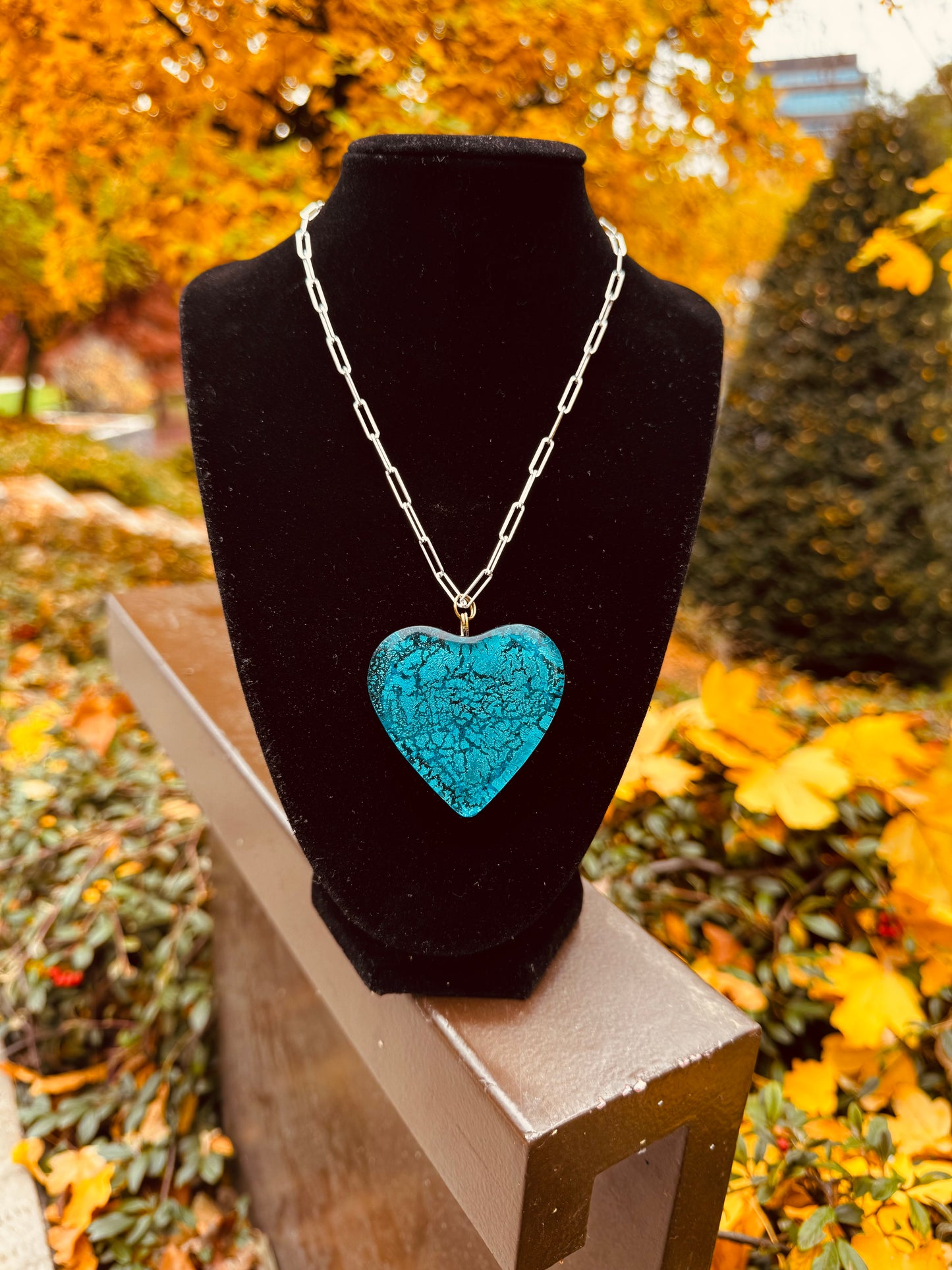 MAD Ocean The Necklace: Chunky Crystal Glass Heart & 24k White Gold Leaf