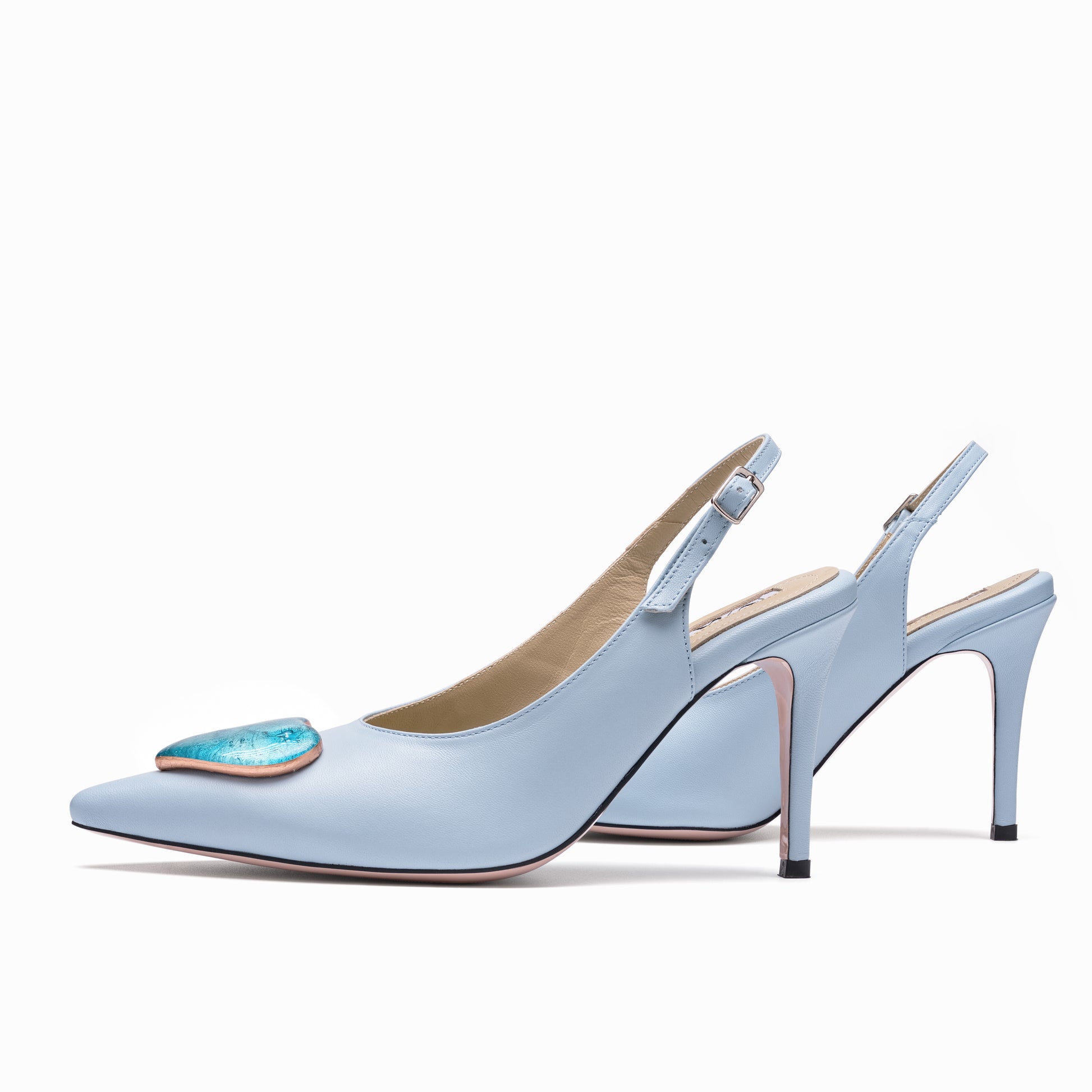 leather slingback stilettos baby blue gold blue glass hearts
