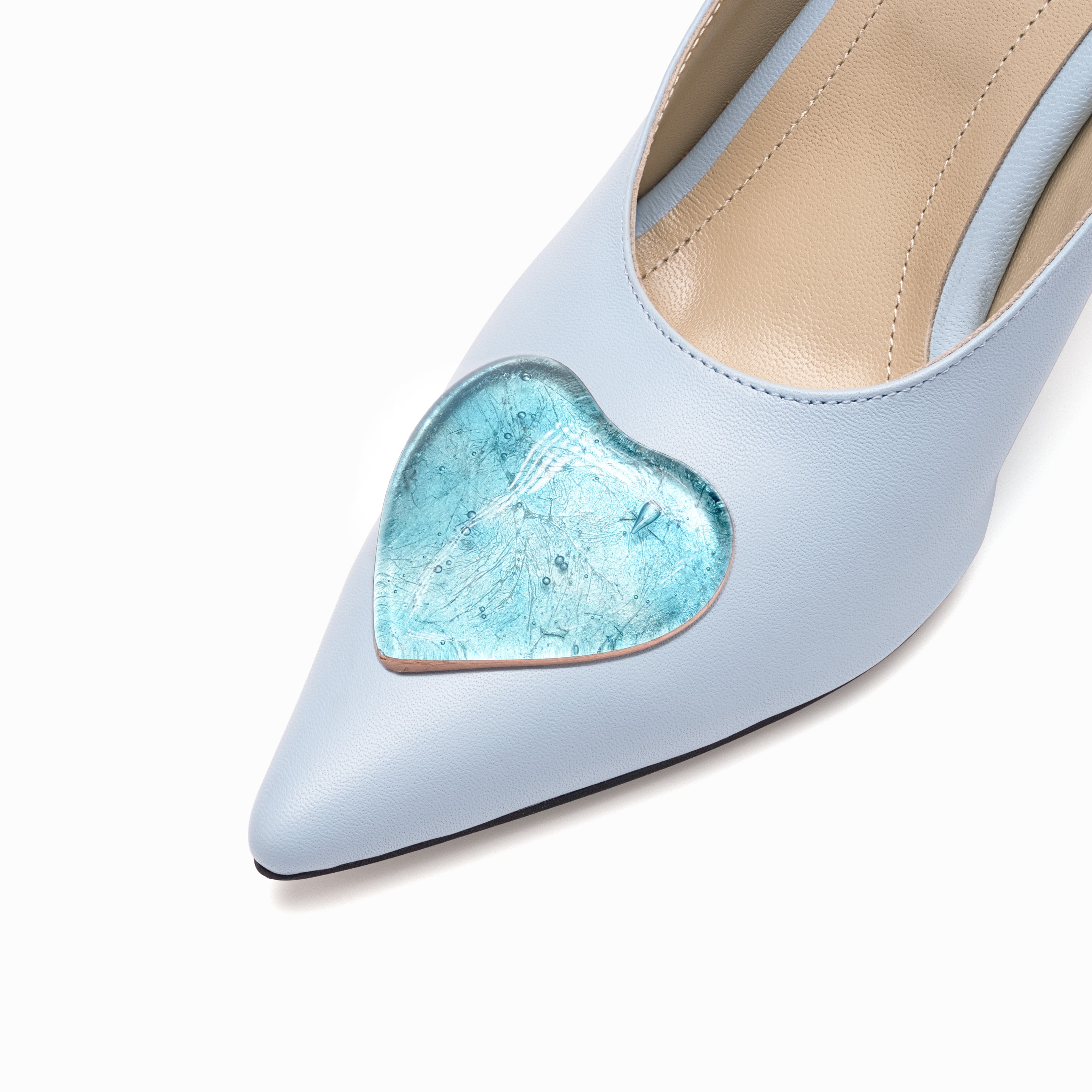 leather slingback stilettos baby blue gold blue glass hearts detail