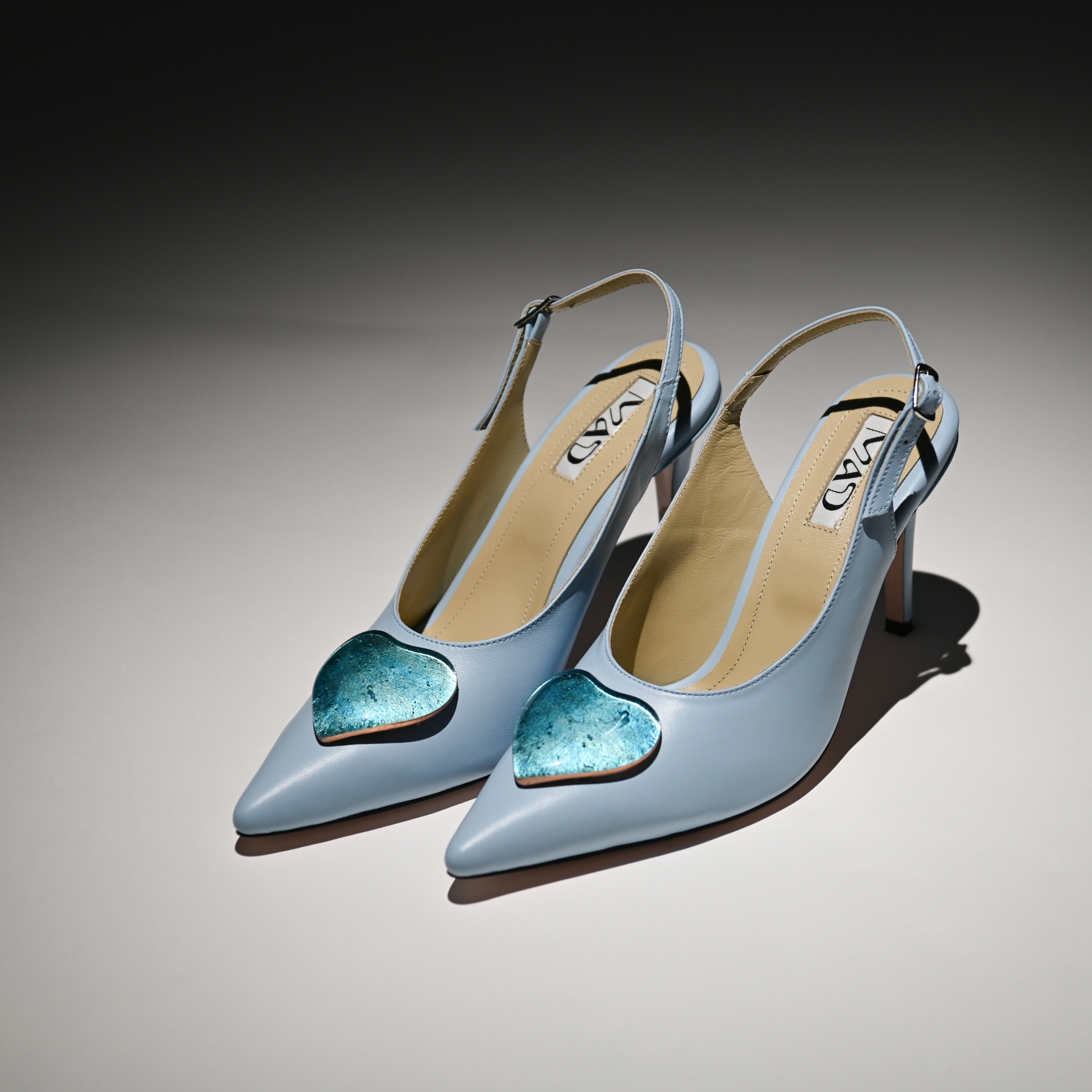 leather slingback stilettos baby blue gold blue glass hearts profile artistic 1