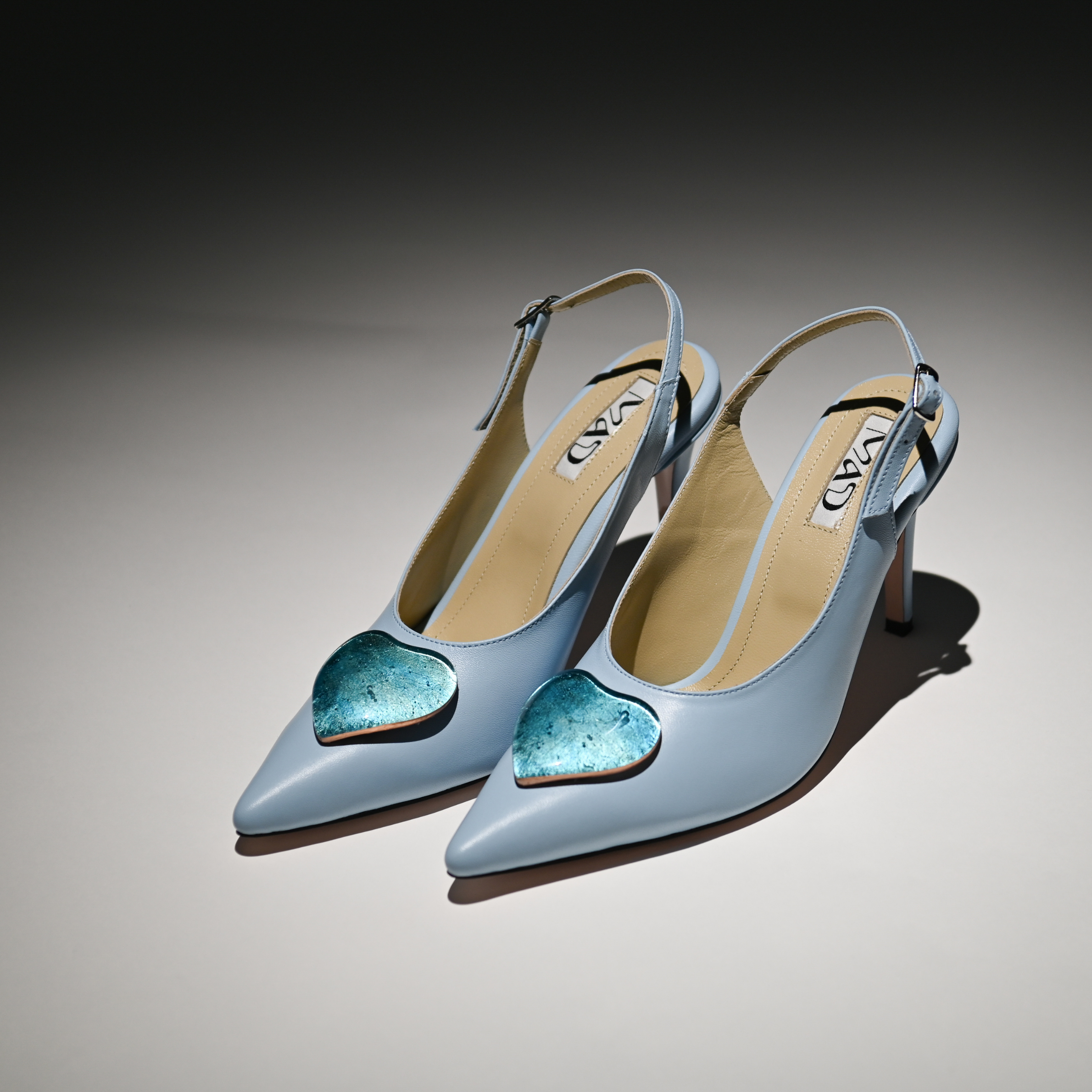 leather slingback stilettos baby blue gold blue glass hearts profile artistic 1