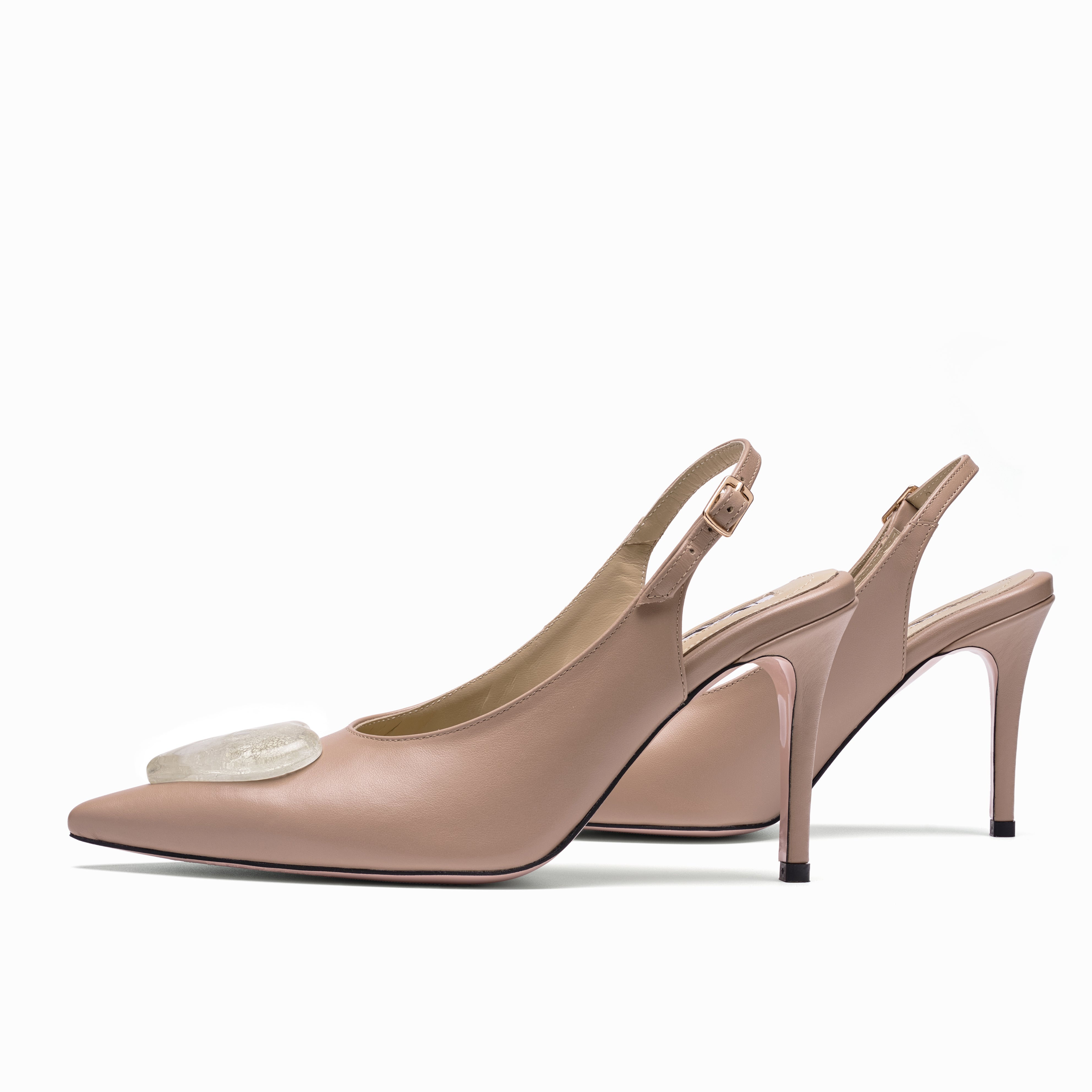 leather slingback stilettos beige with gold glass hearts
