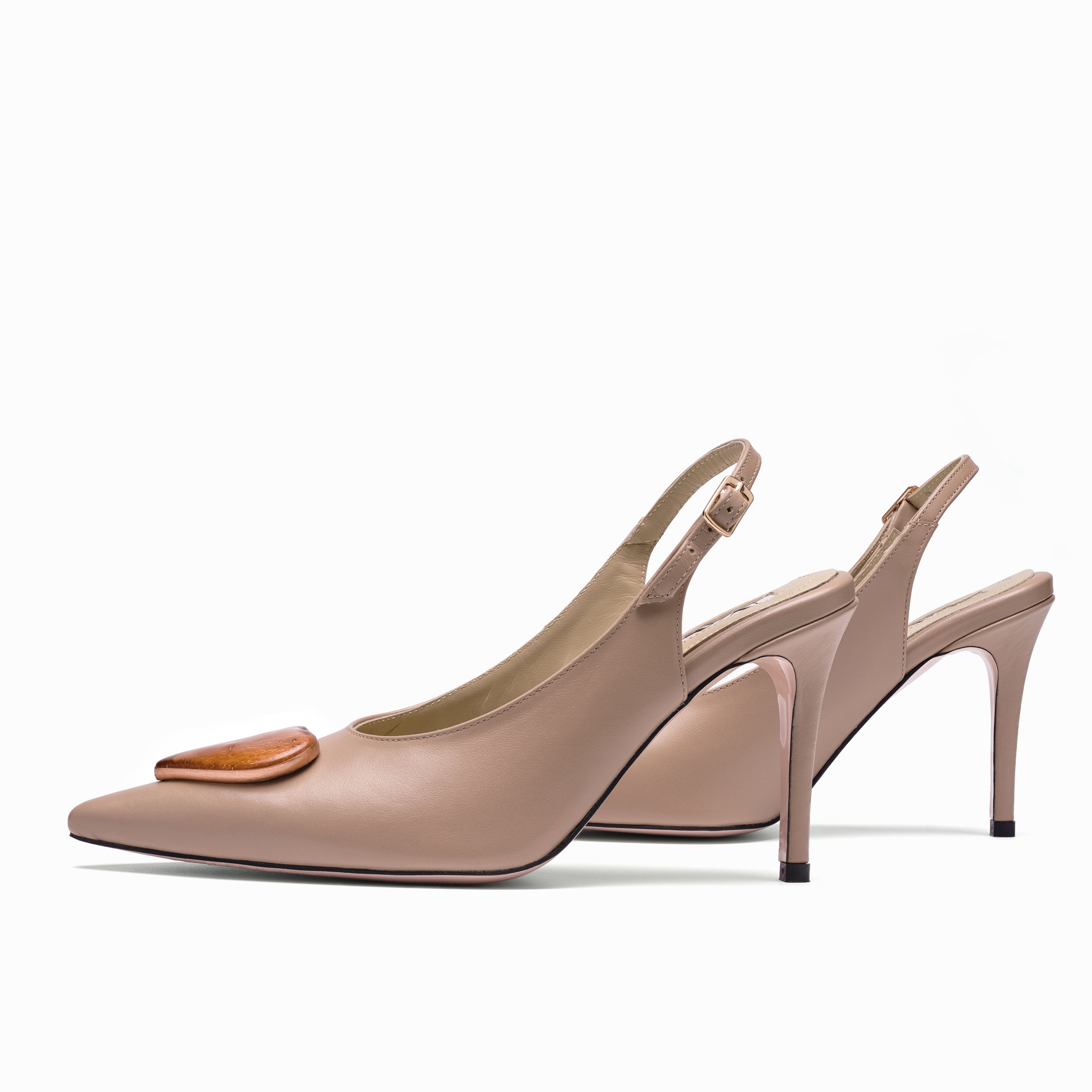 leather slingback stilettos beige with gold glass hearts cognac