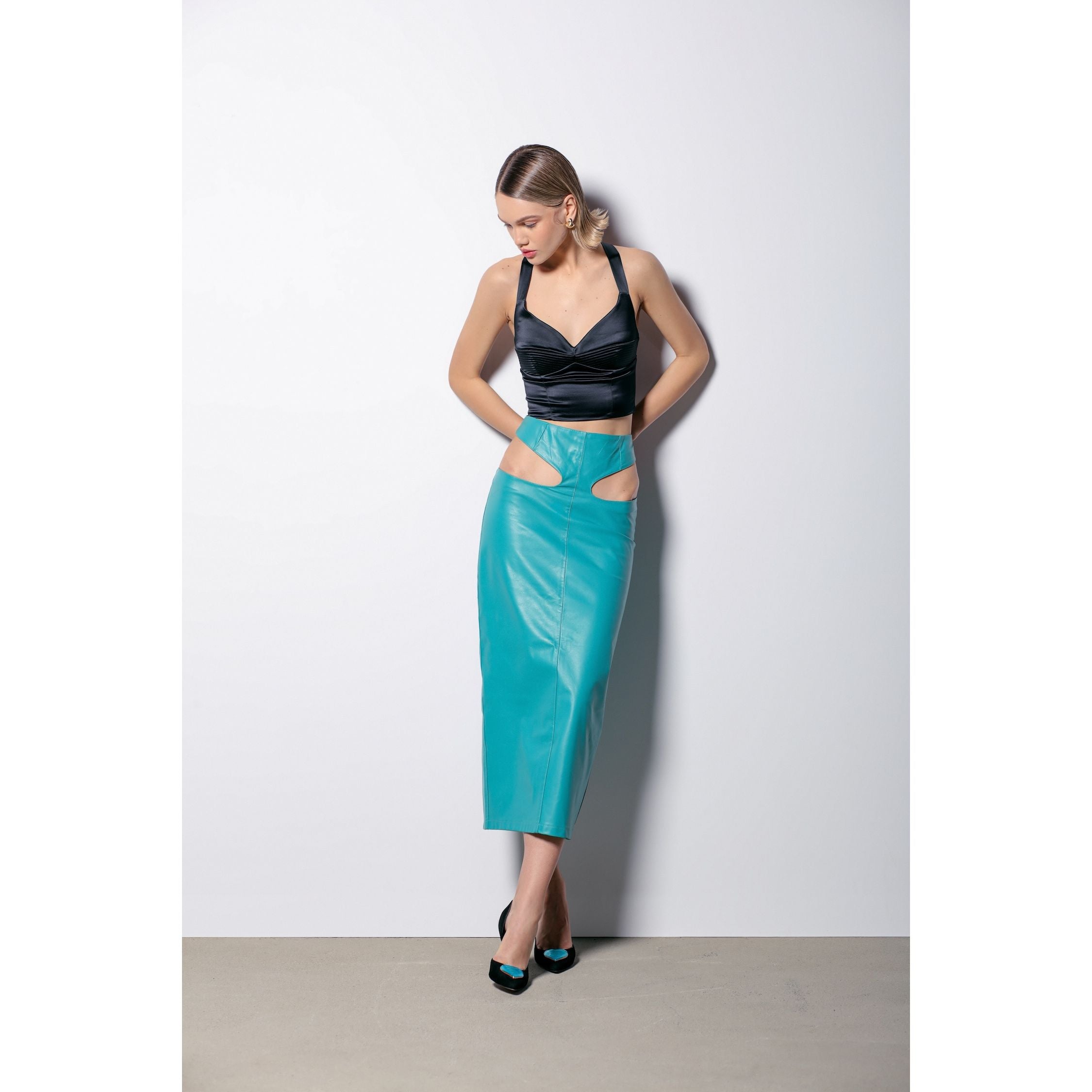 leather stilettos with blue glass hearts 24 karat gold and turquoise leather skirt 1