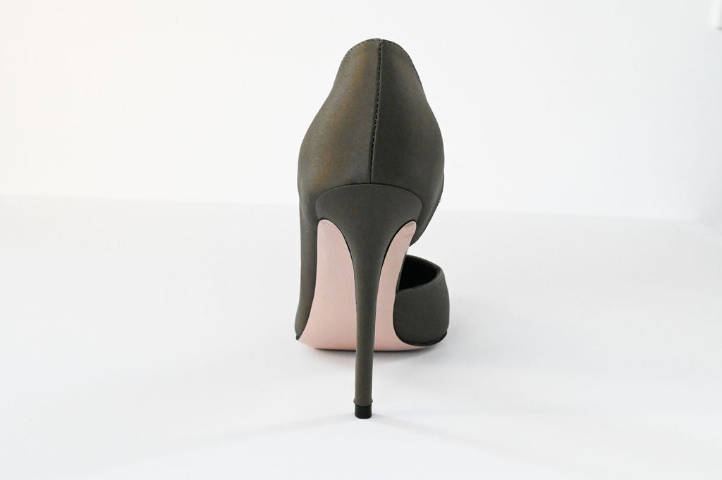 olive green satin stilettos 10 cm back