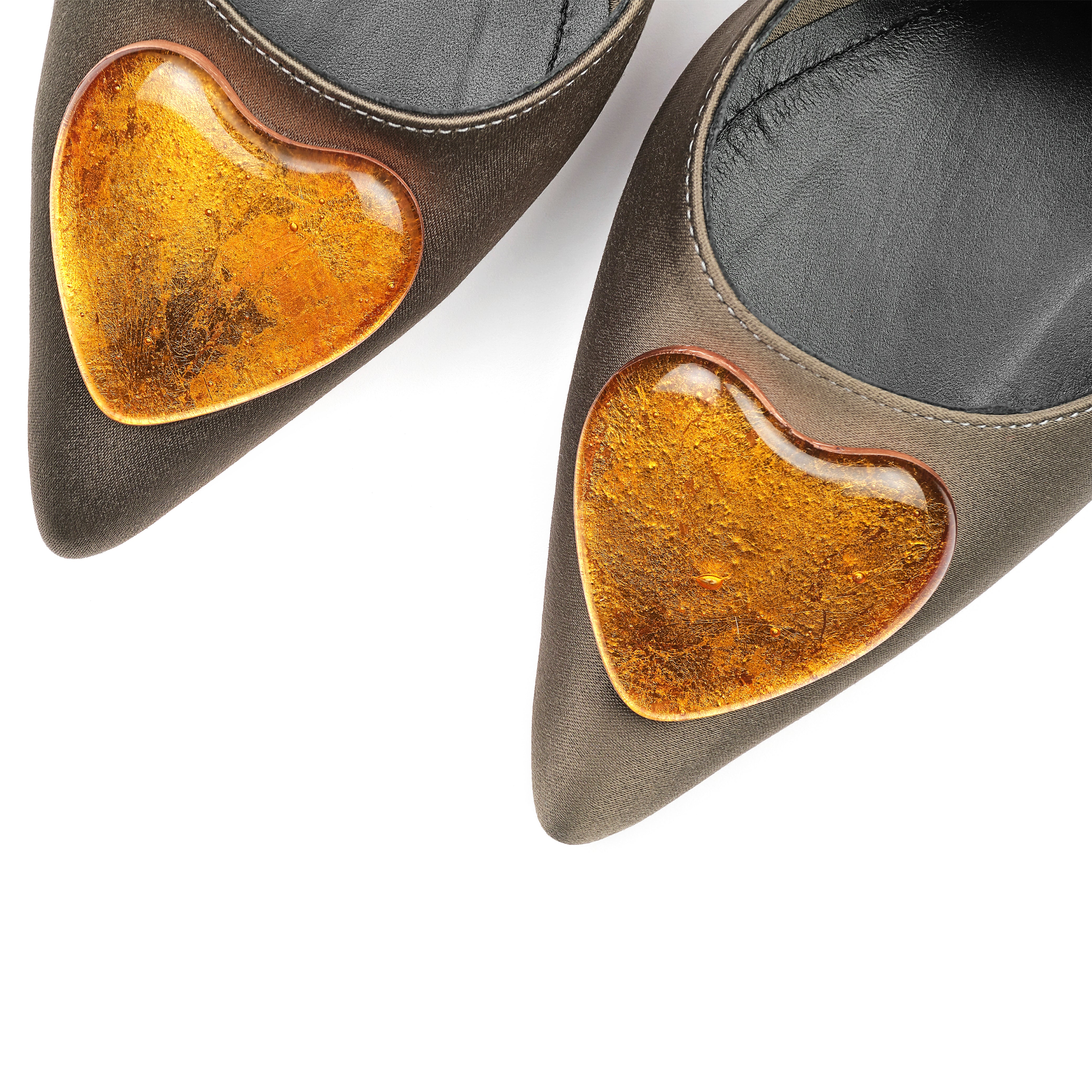 olive green satin stilettos 10 cm, with 24 karat gold glass hearts closeup