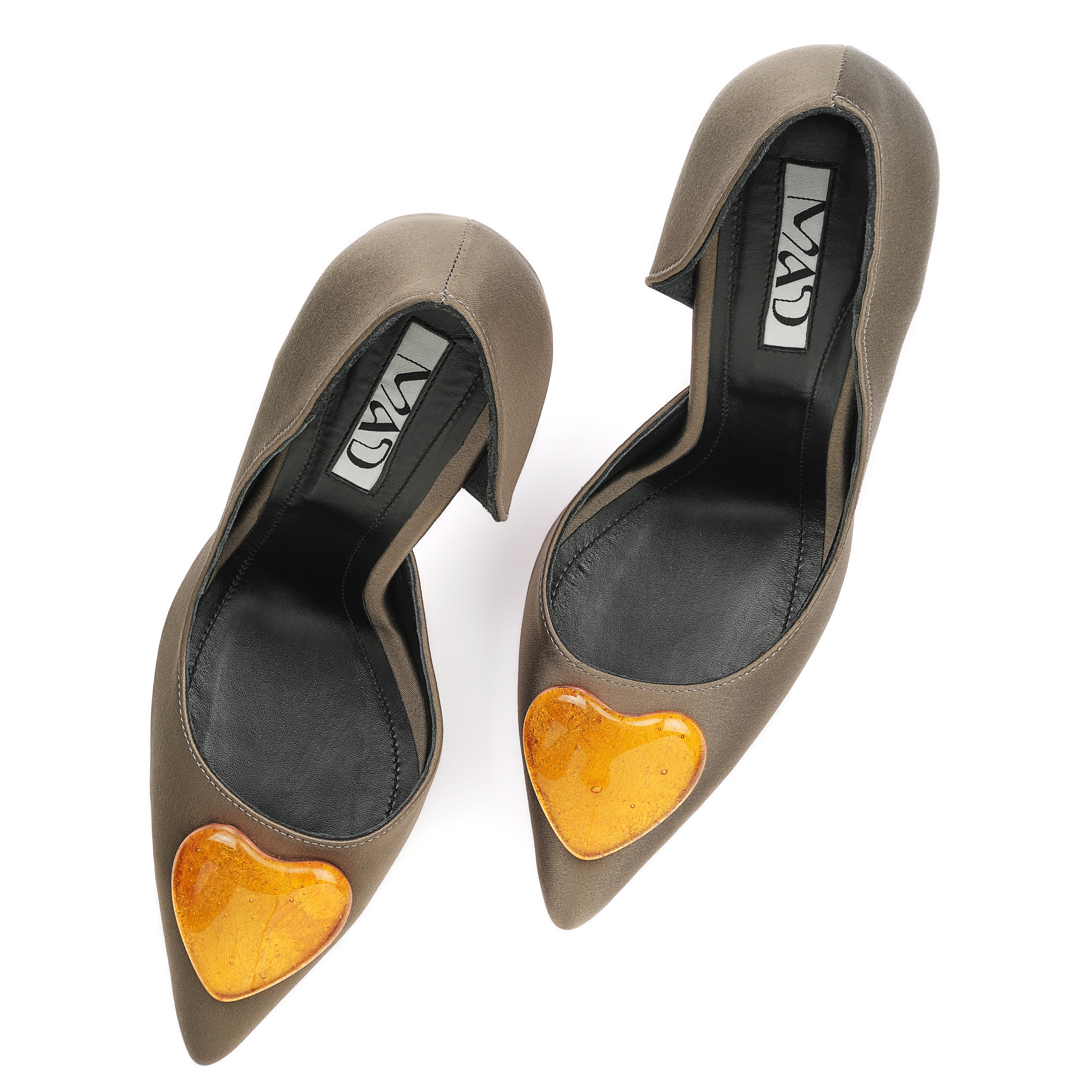 olive green satin stilettos 10 cm, with 24 karat gold glass hearts front