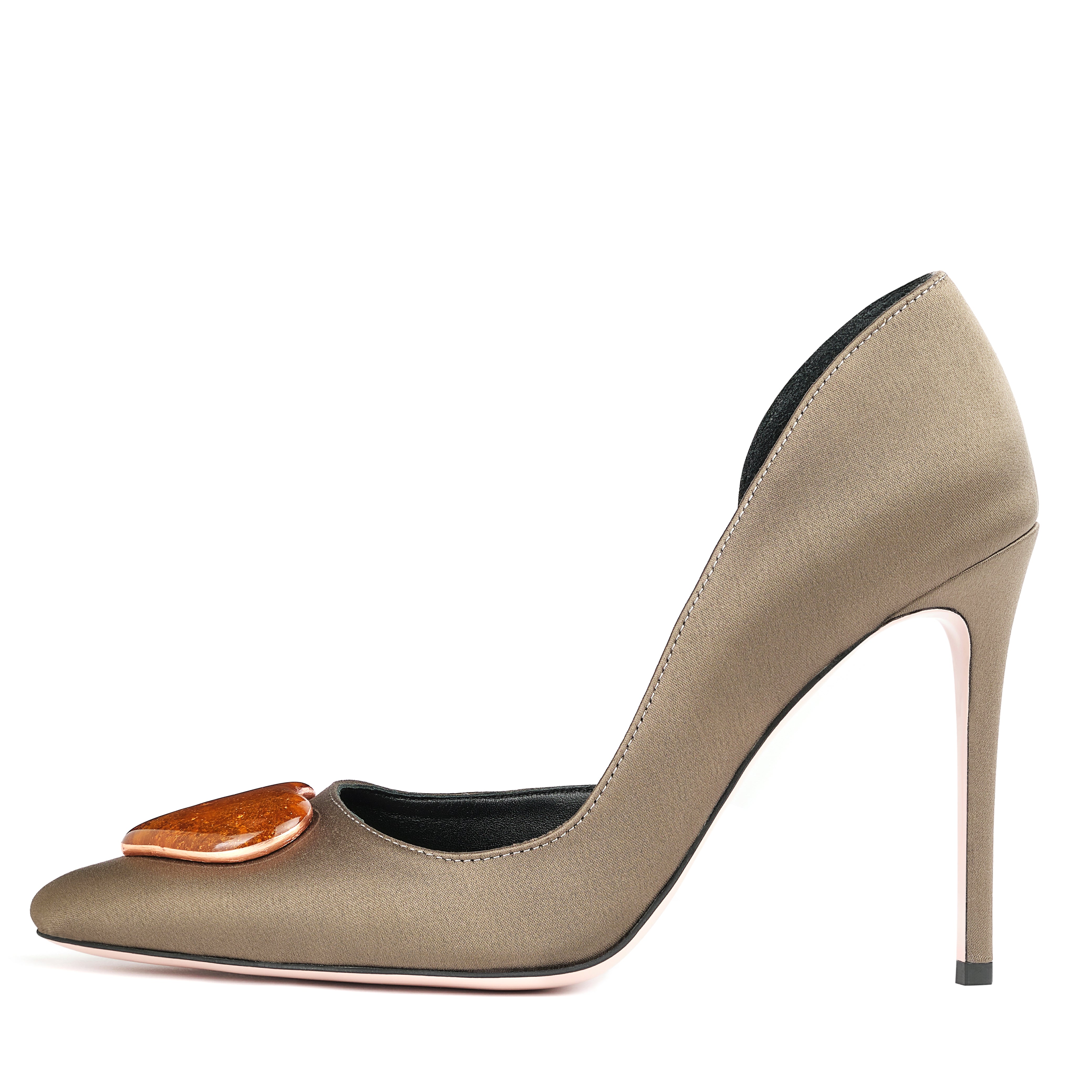 olive green satin stilettos 10 cm, with 24 karat gold glass hearts profile