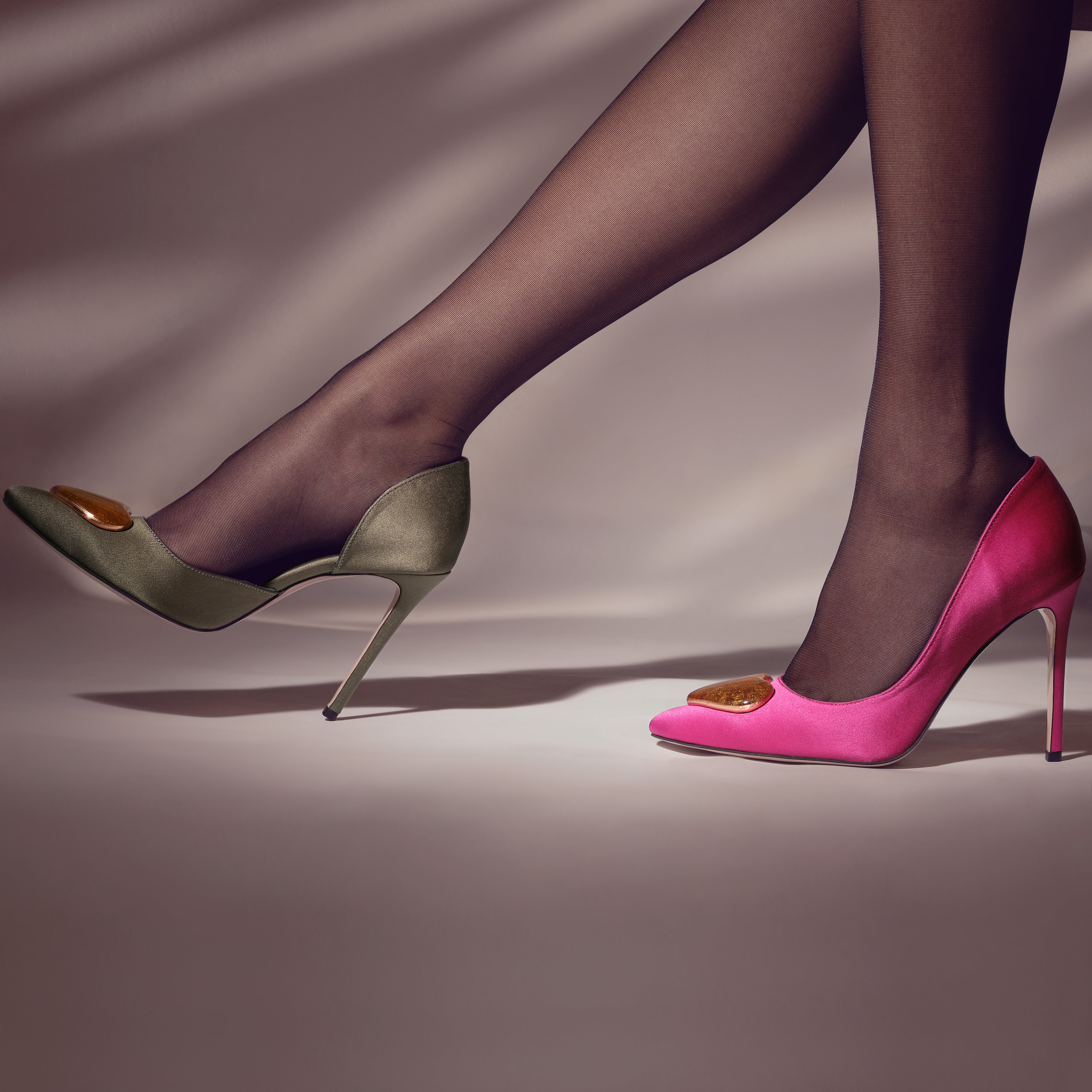 olive green satin stilettos 10 cm, with 24 karat gold glass hearts with model artistic