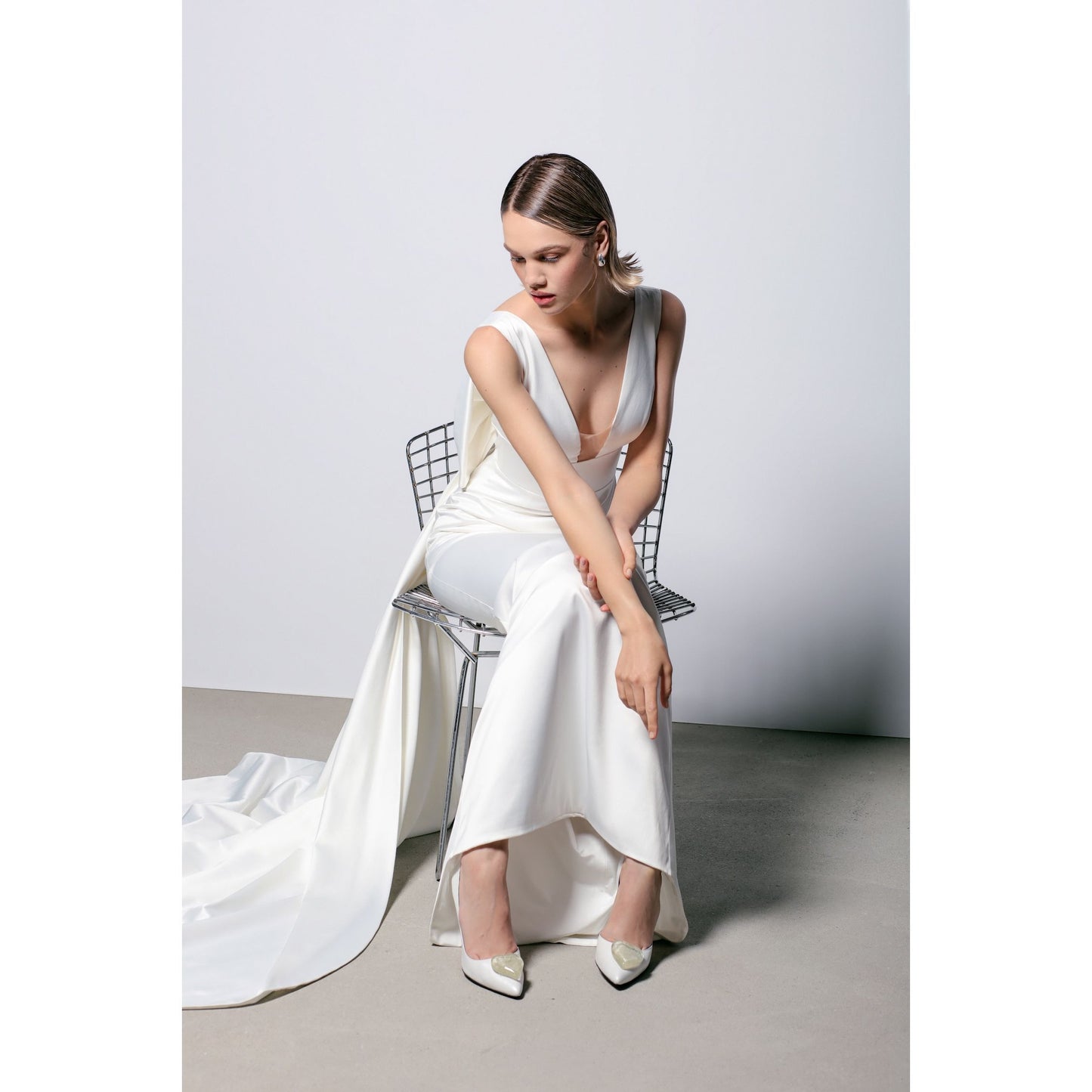 white ivory leather stilettos with gold hearts bride